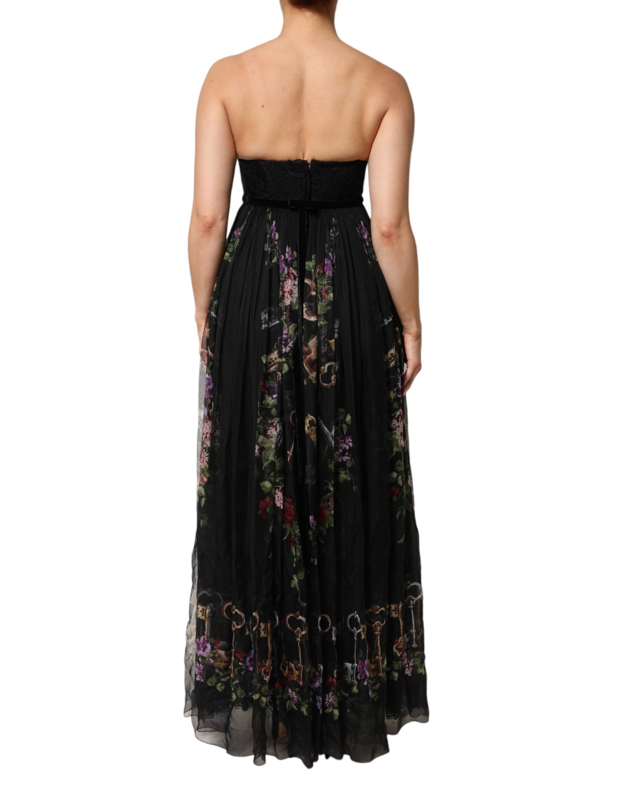 Black Floral Key Print Crystal Strapless Dress - ventzia