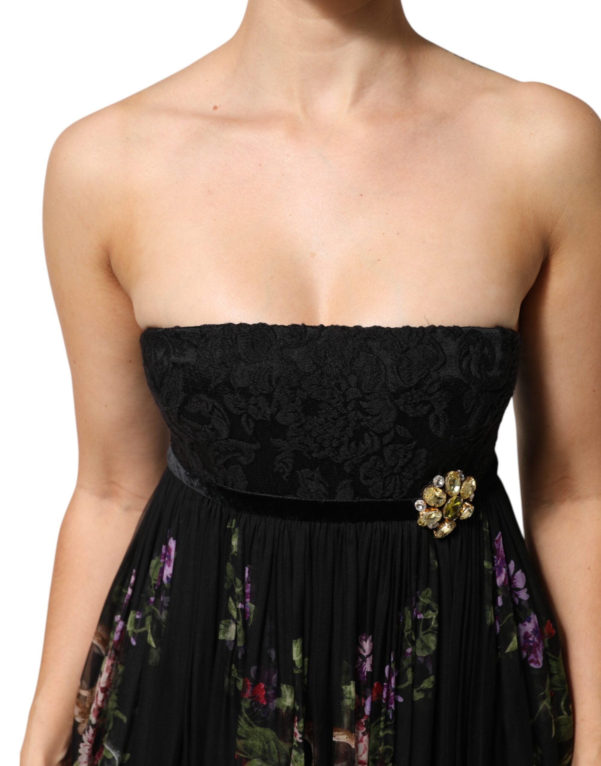 Black Floral Key Print Crystal Strapless Dress - ventzia
