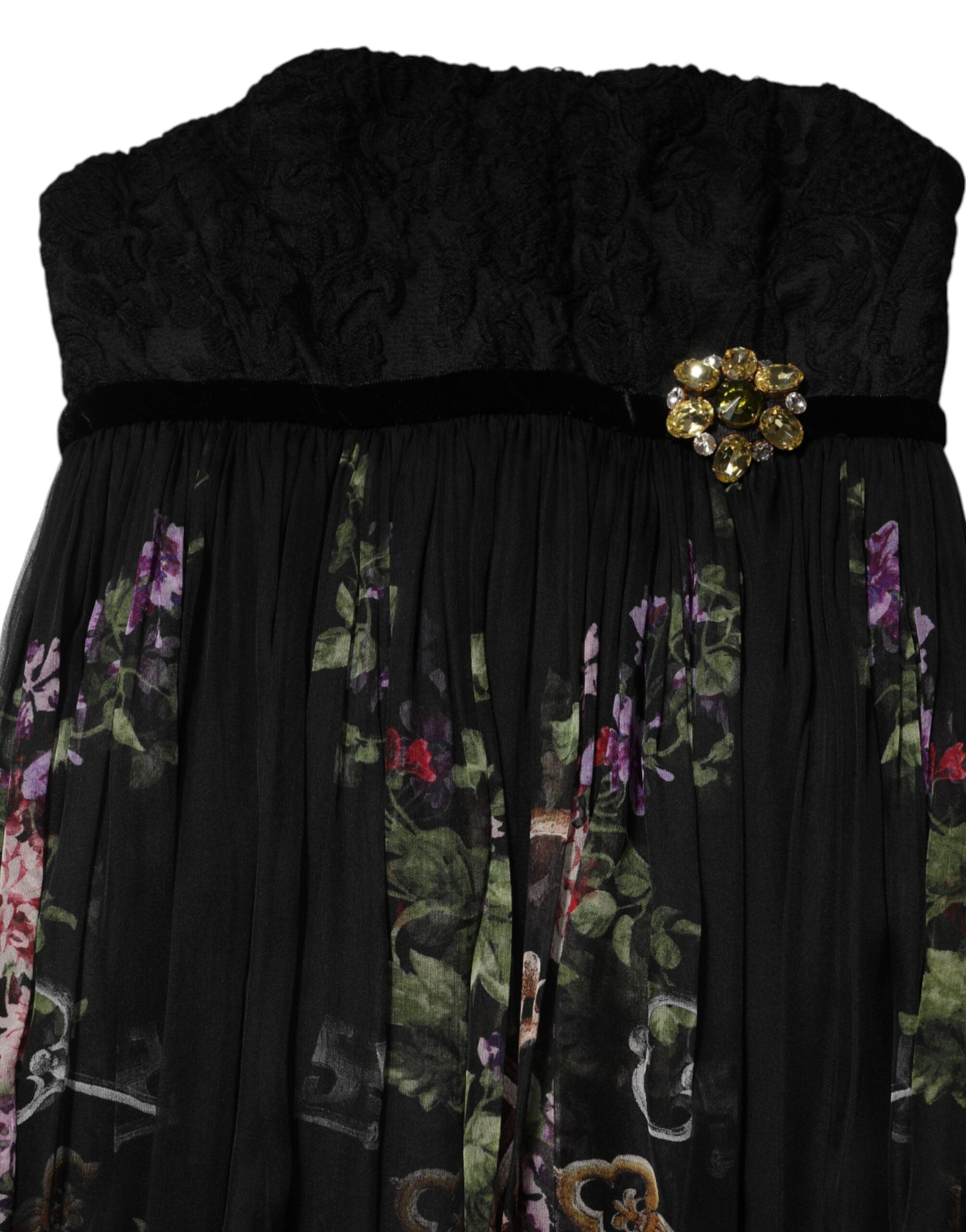 Black Floral Key Print Crystal Strapless Dress - ventzia