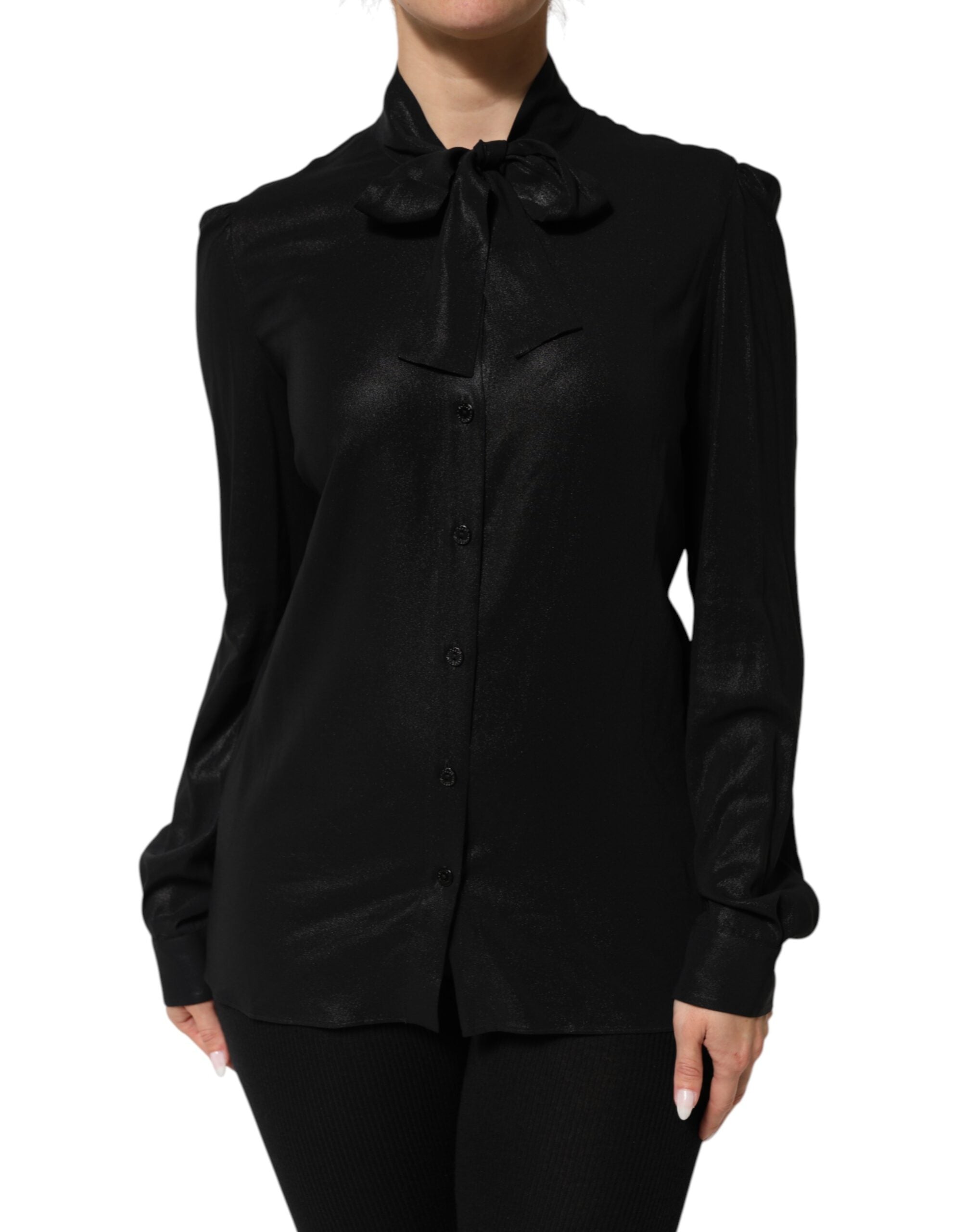 Black Viscose Long Sleeve Tie Neck Blouse Top - ventzia