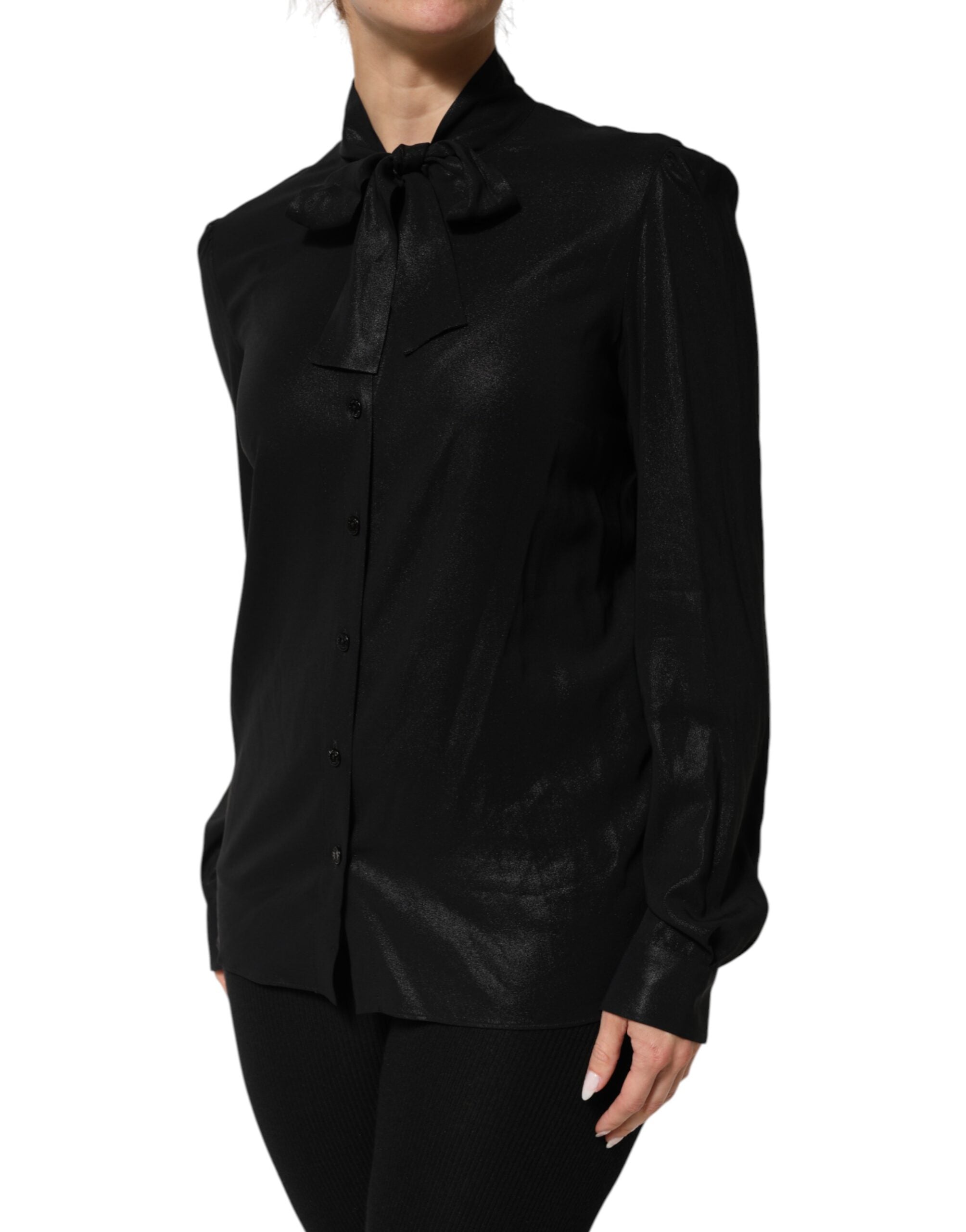Black Viscose Long Sleeve Tie Neck Blouse Top - ventzia