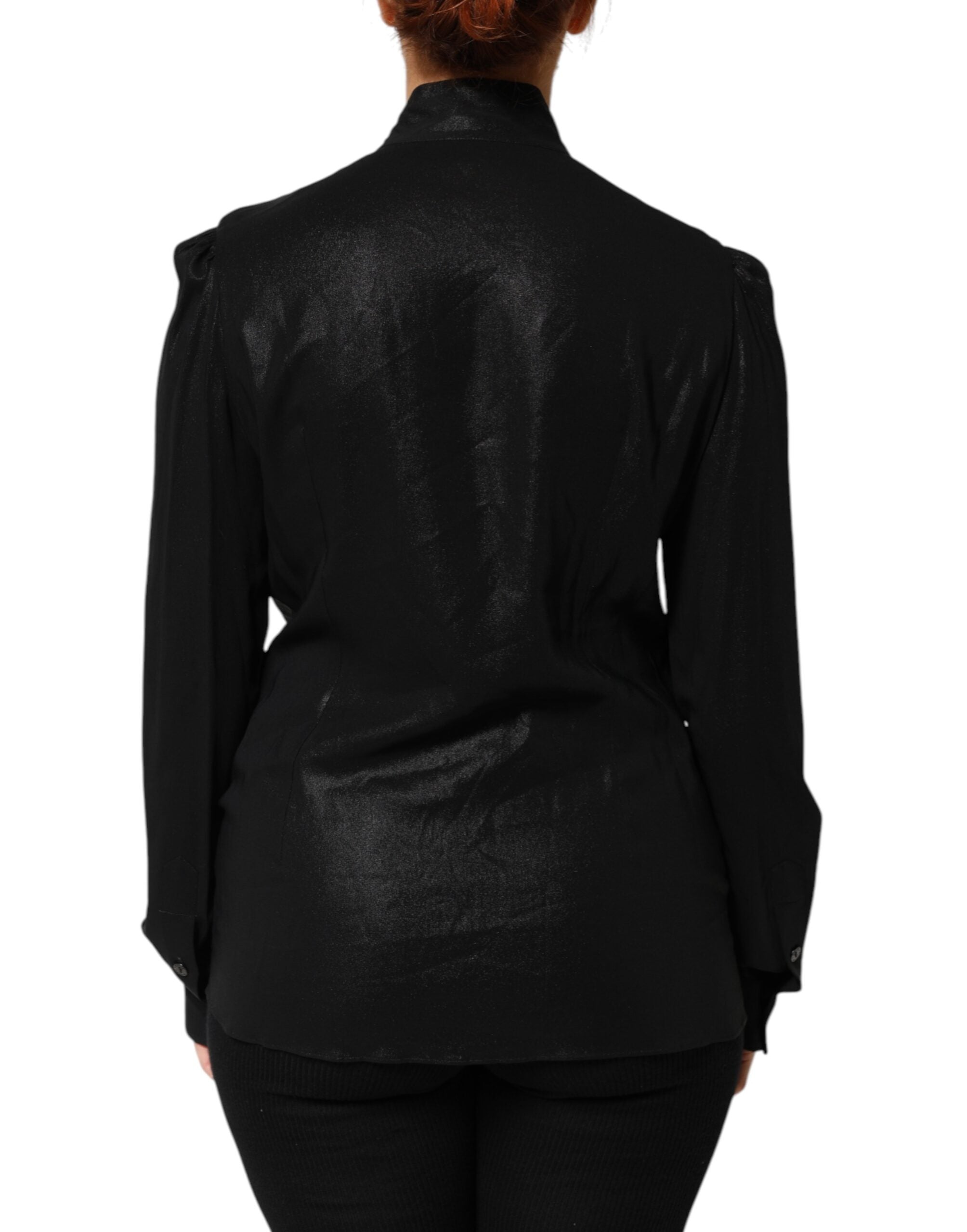 Black Viscose Long Sleeve Tie Neck Blouse Top - ventzia