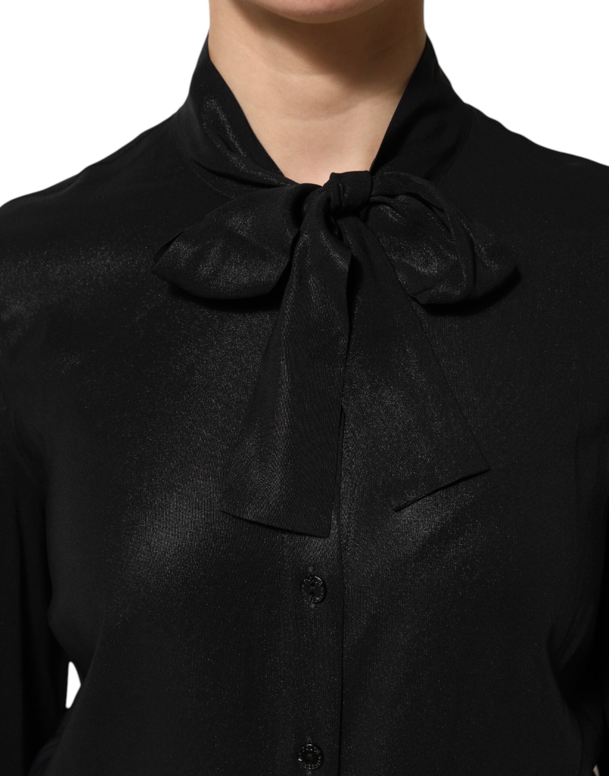 Black Viscose Long Sleeve Tie Neck Blouse Top - ventzia