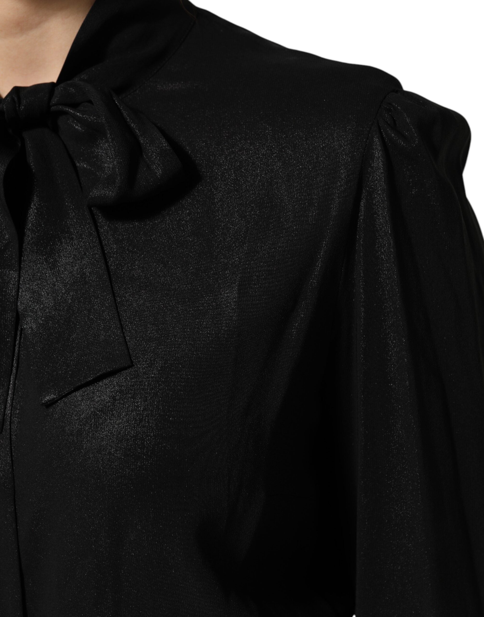 Black Viscose Long Sleeve Tie Neck Blouse Top - ventzia