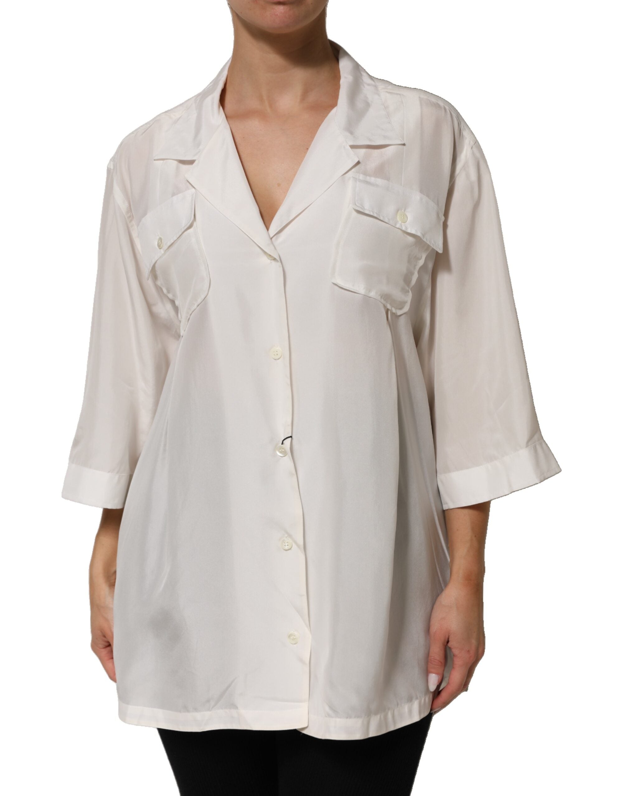 White Silk Collared 3/4 Sleeves Blouse Top - ventzia