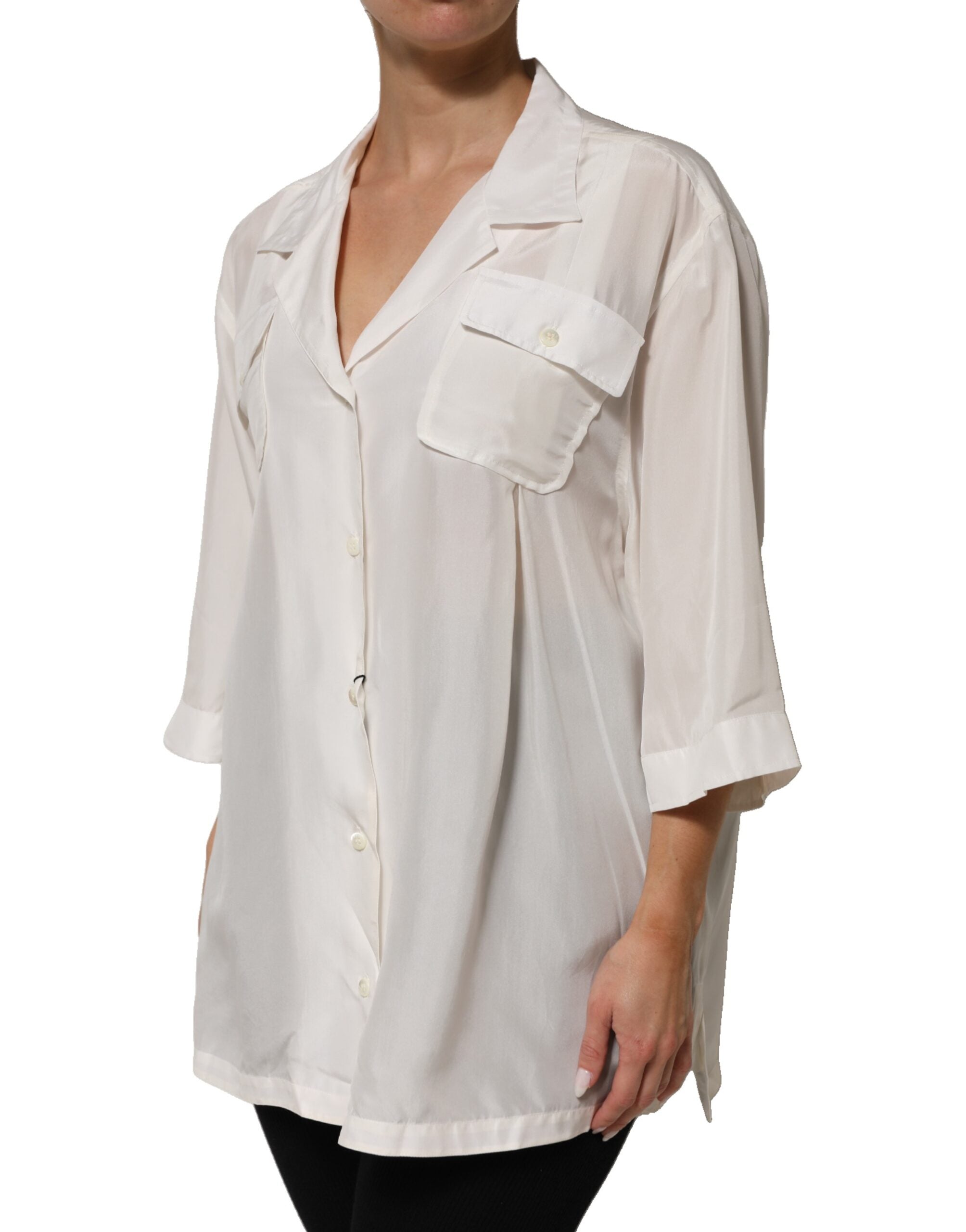 White Silk Collared 3/4 Sleeves Blouse Top - ventzia