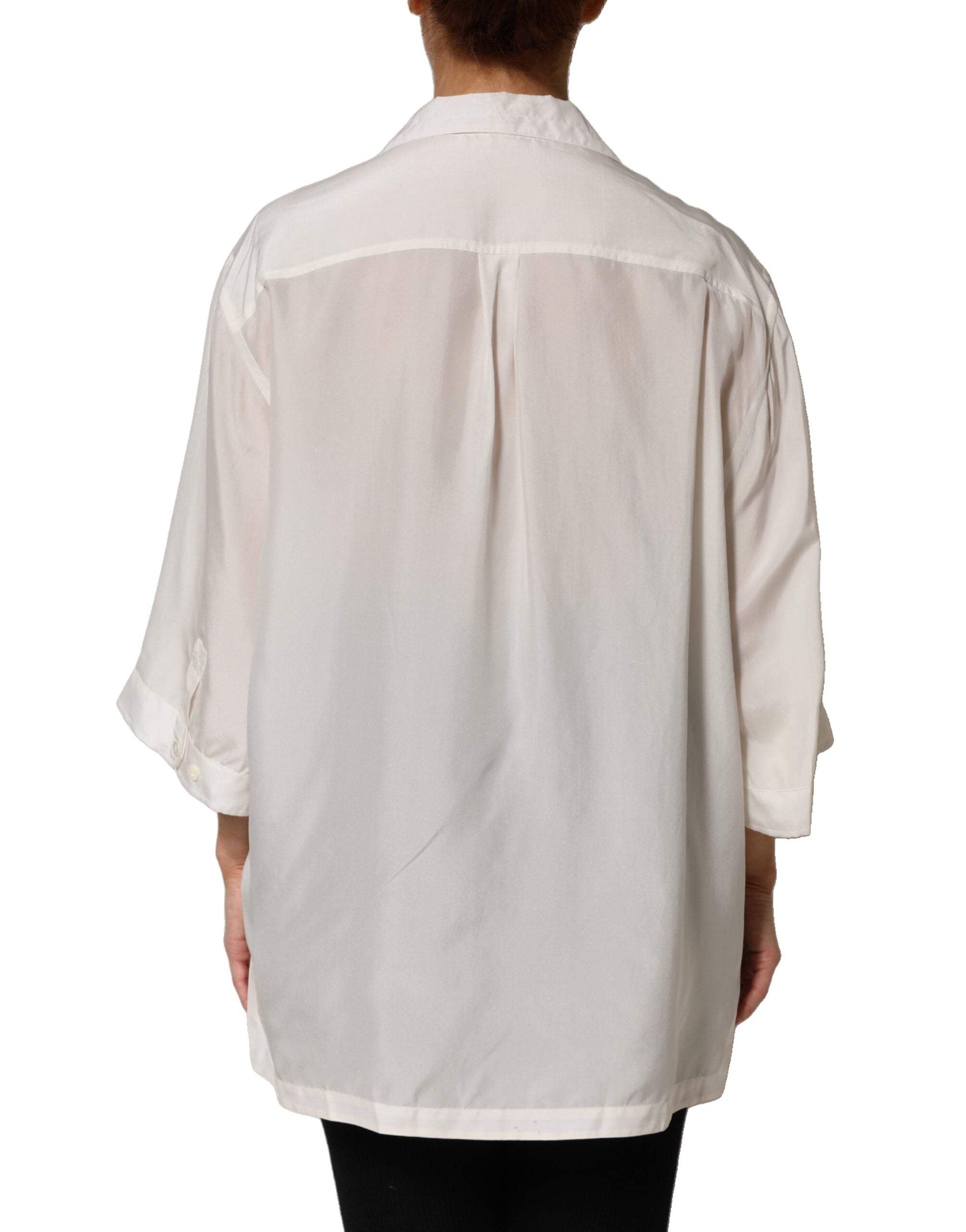White Silk Collared 3/4 Sleeves Blouse Top - ventzia