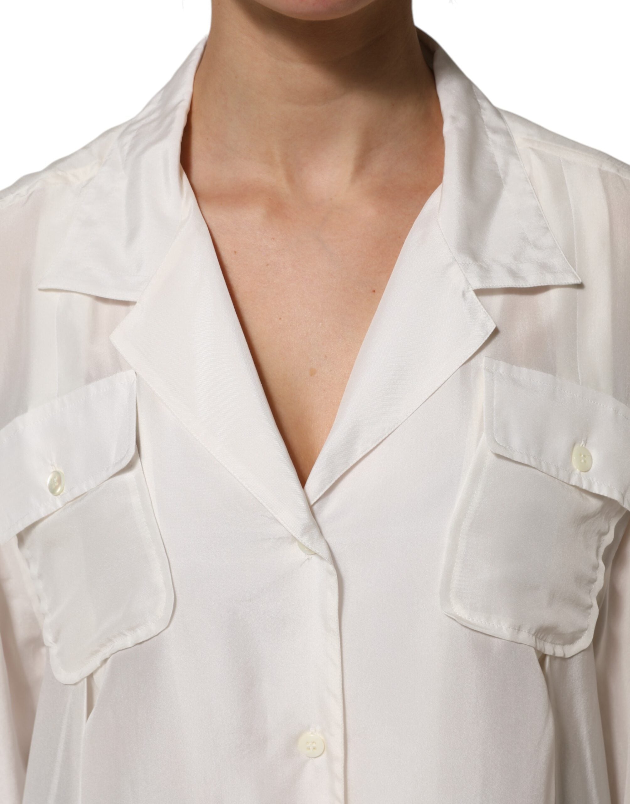 White Silk Collared 3/4 Sleeves Blouse Top - ventzia