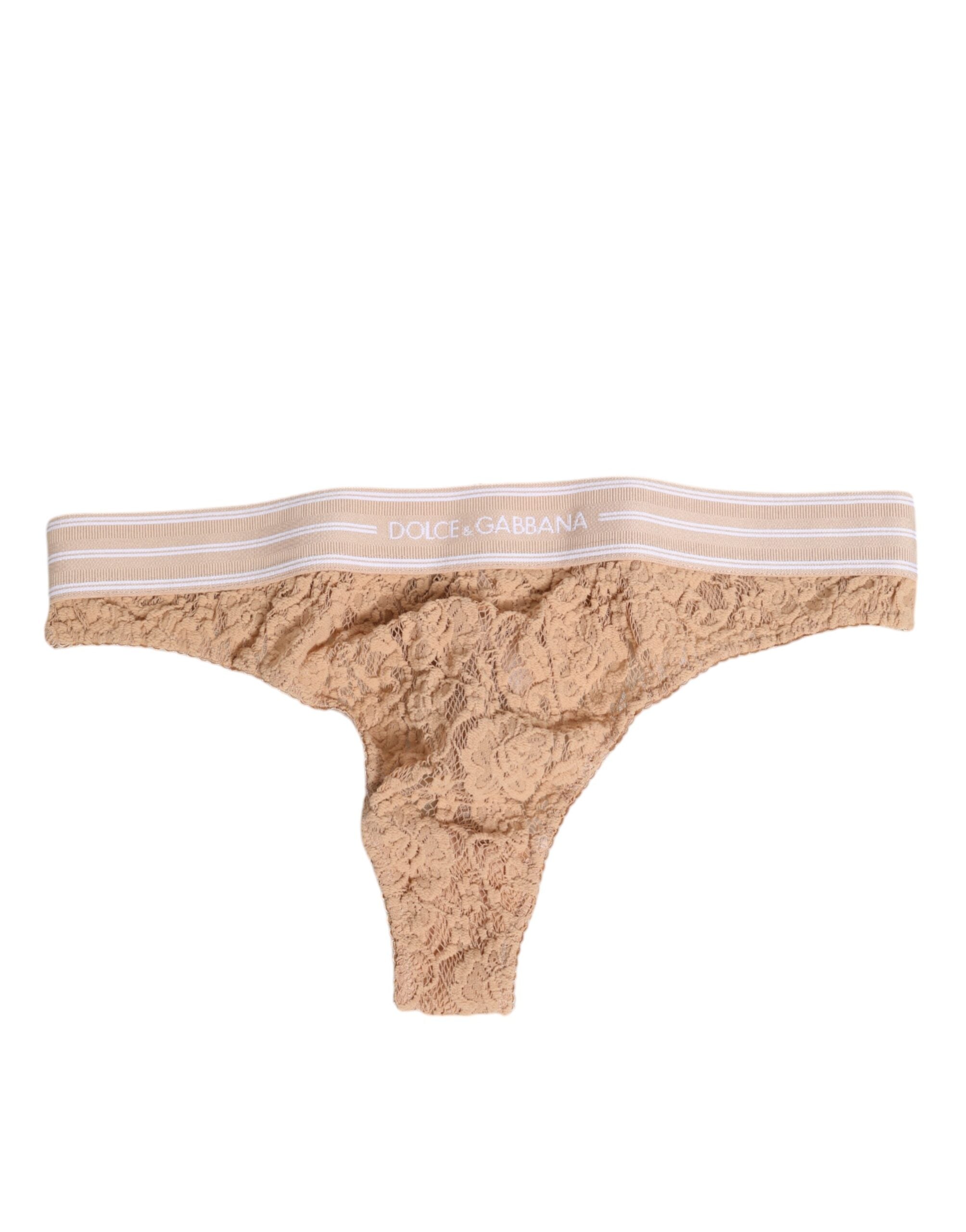 Beige Lace Logo Elastic Waist Thong Tanga Underwear - ventzia