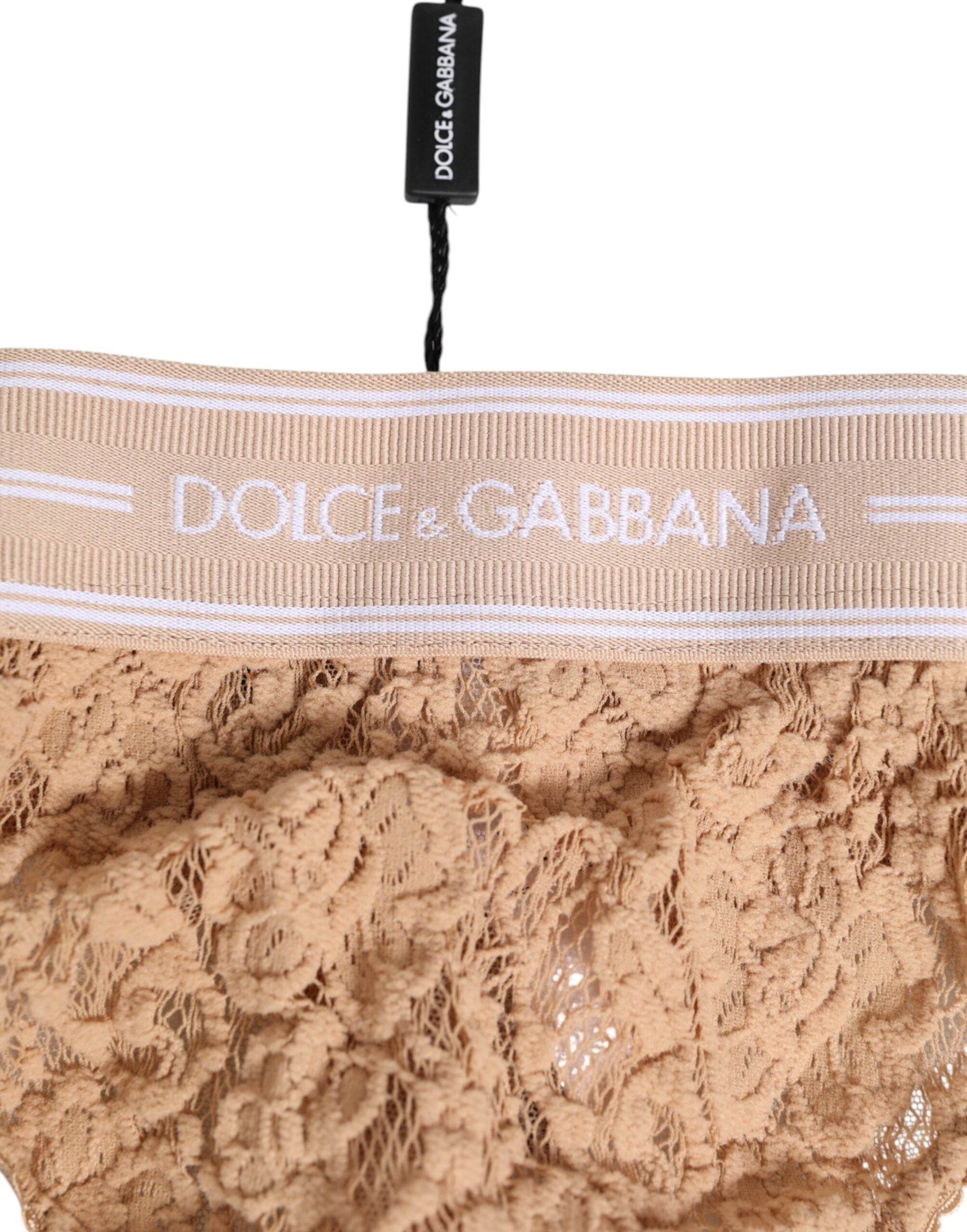 Beige Lace Logo Elastic Waist Thong Tanga Underwear - ventzia