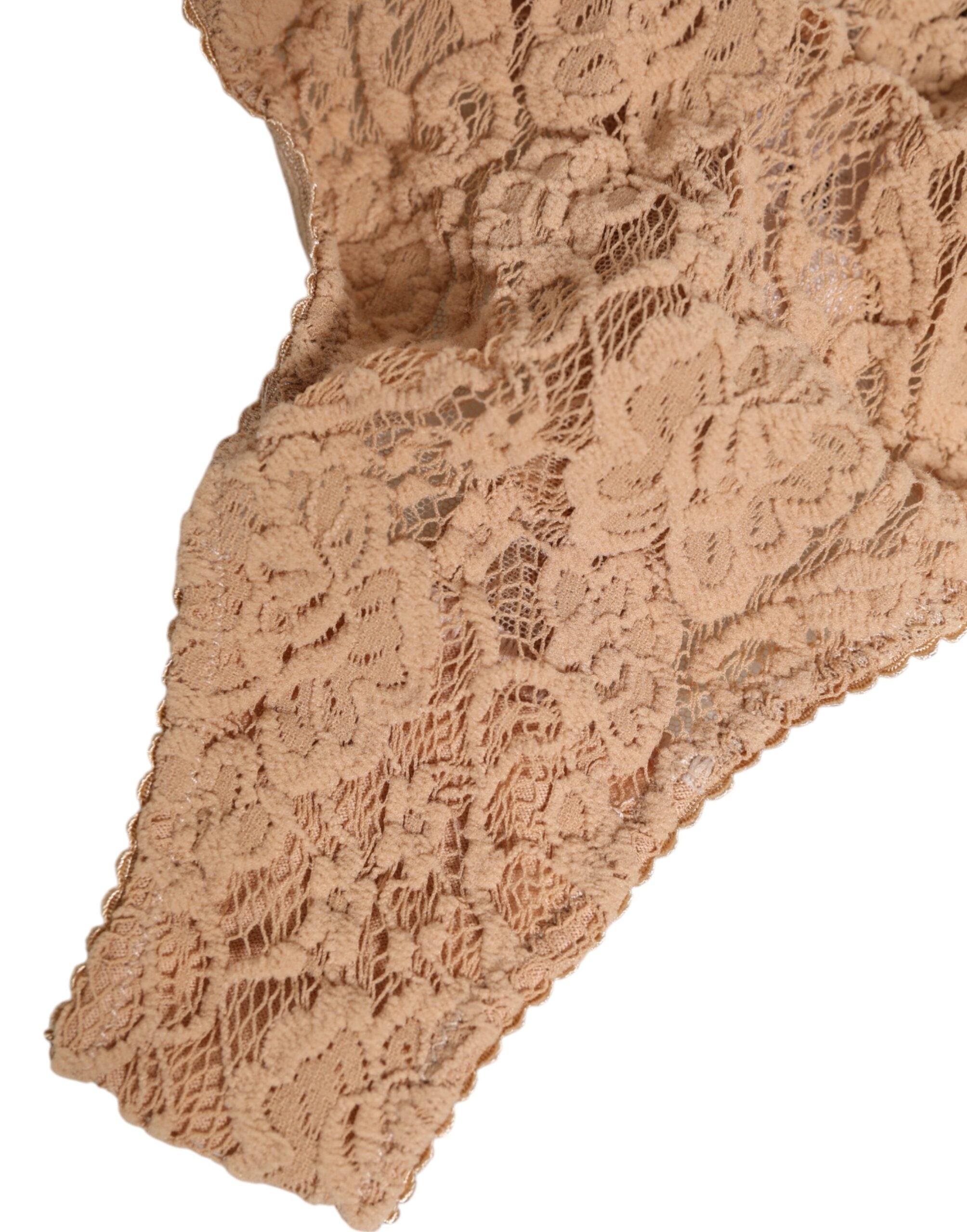 Beige Lace Logo Elastic Waist Thong Tanga Underwear - ventzia