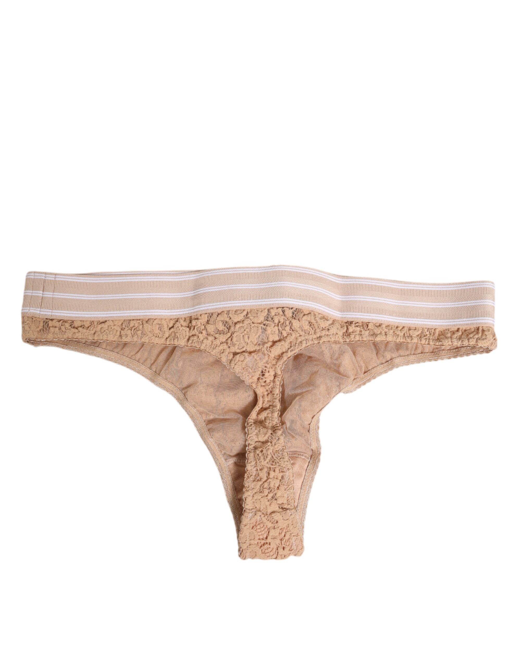 Beige Lace Logo Elastic Waist Thong Tanga Underwear - ventzia