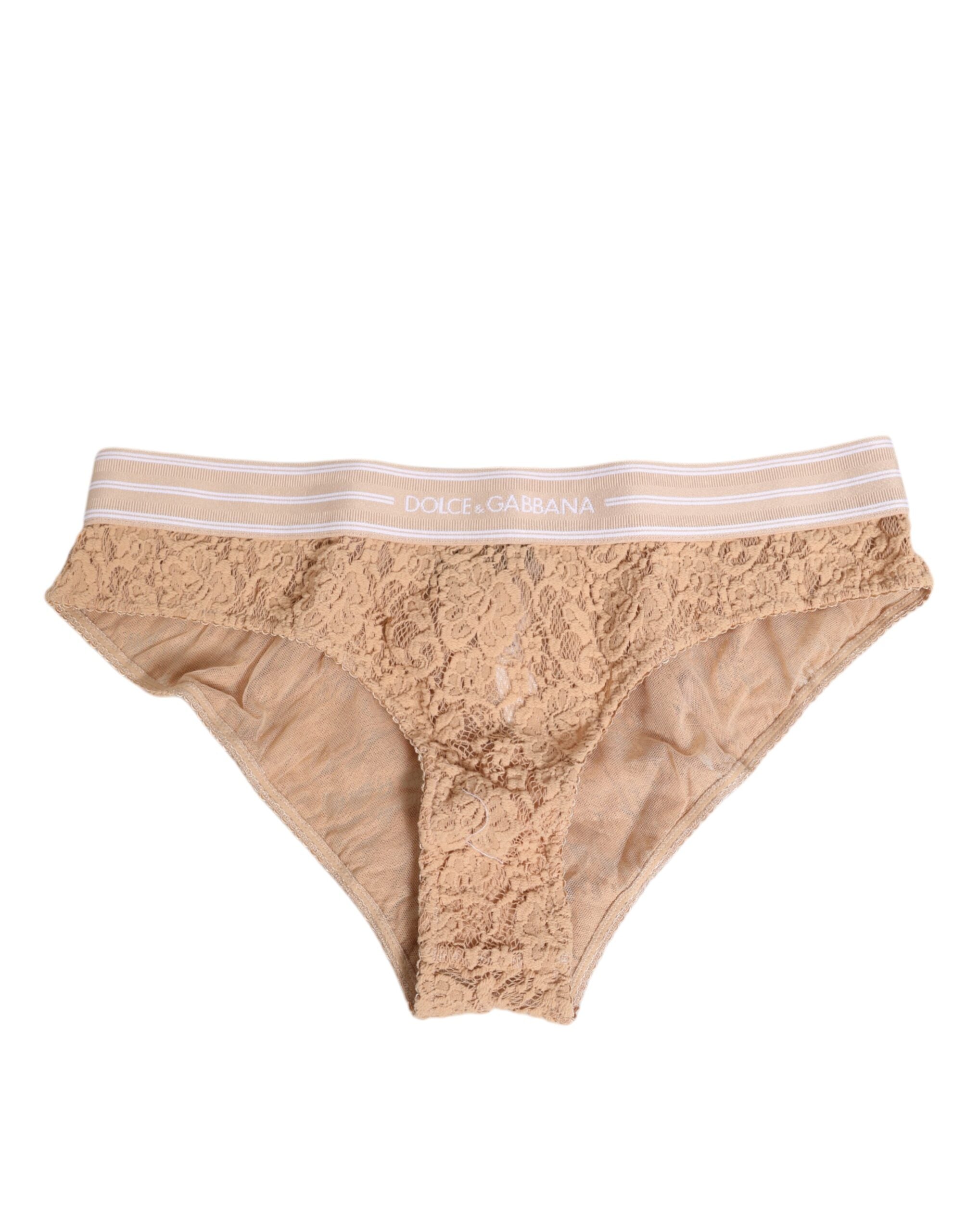 Beige Lace Brasiliano Briefs Logo Waistband Underwear - ventzia