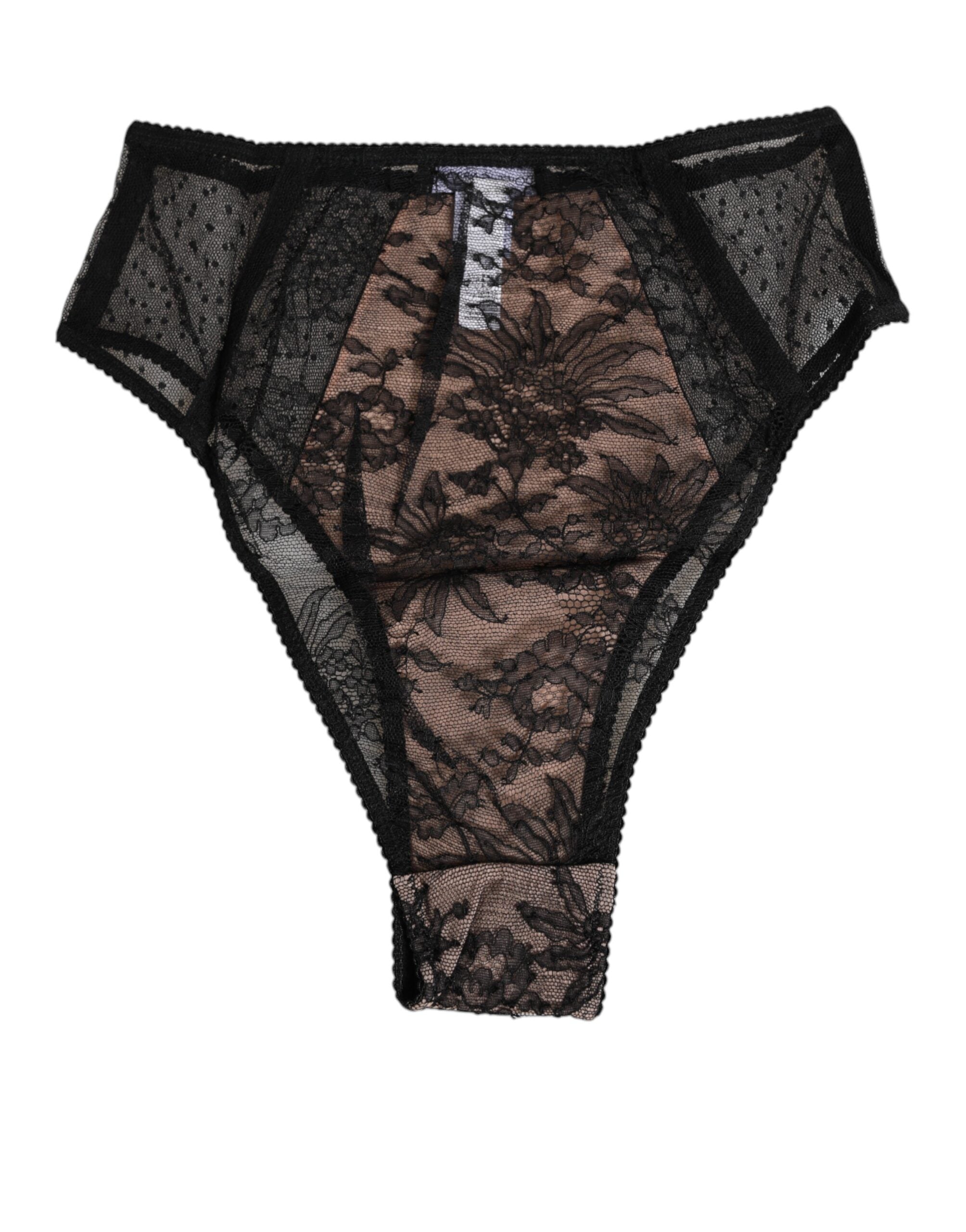 Black Floral Lace Sheer Mesh High Waist Underwear - ventzia