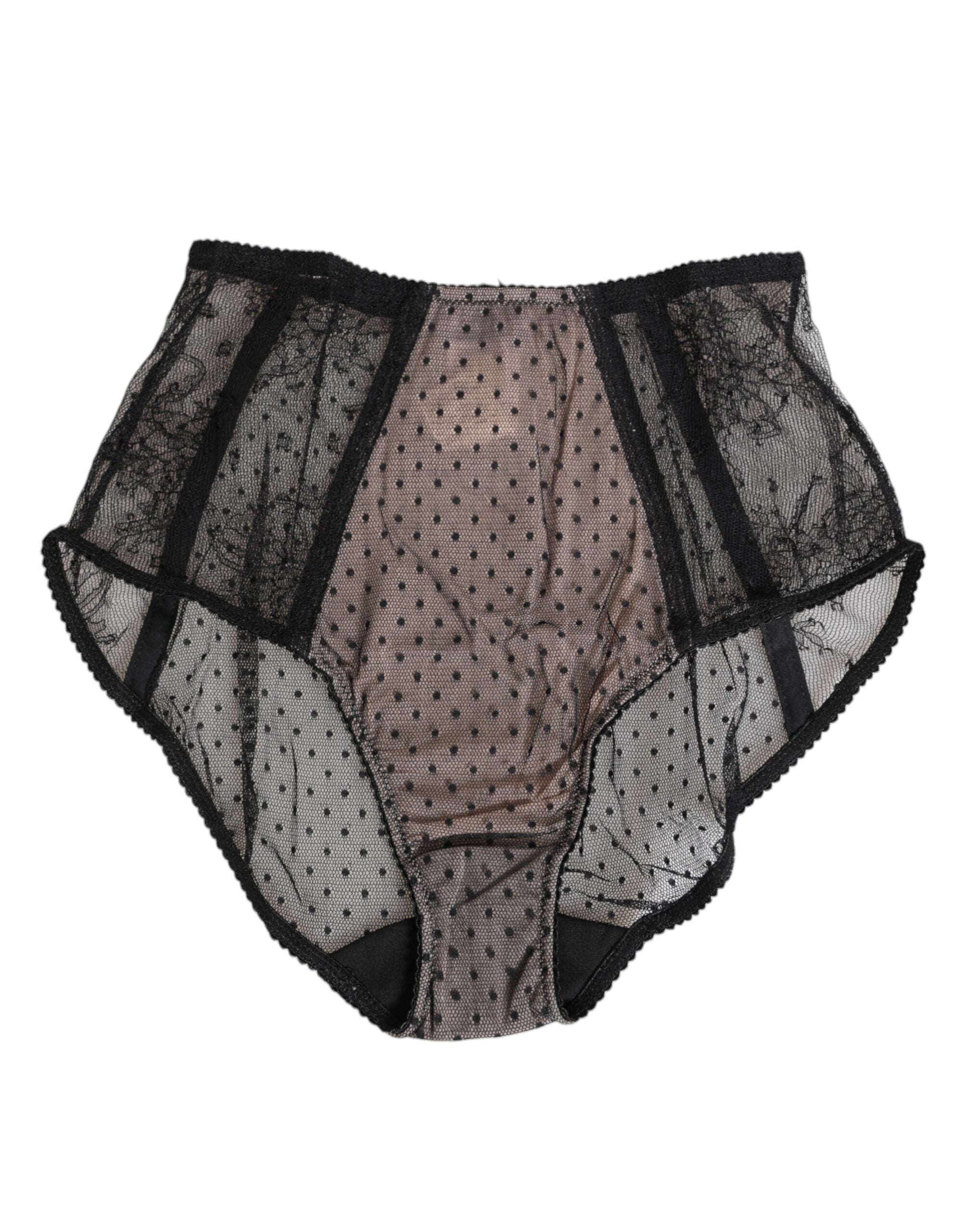Black Sheer Polka Dot Lace High Waist Underwear - ventzia