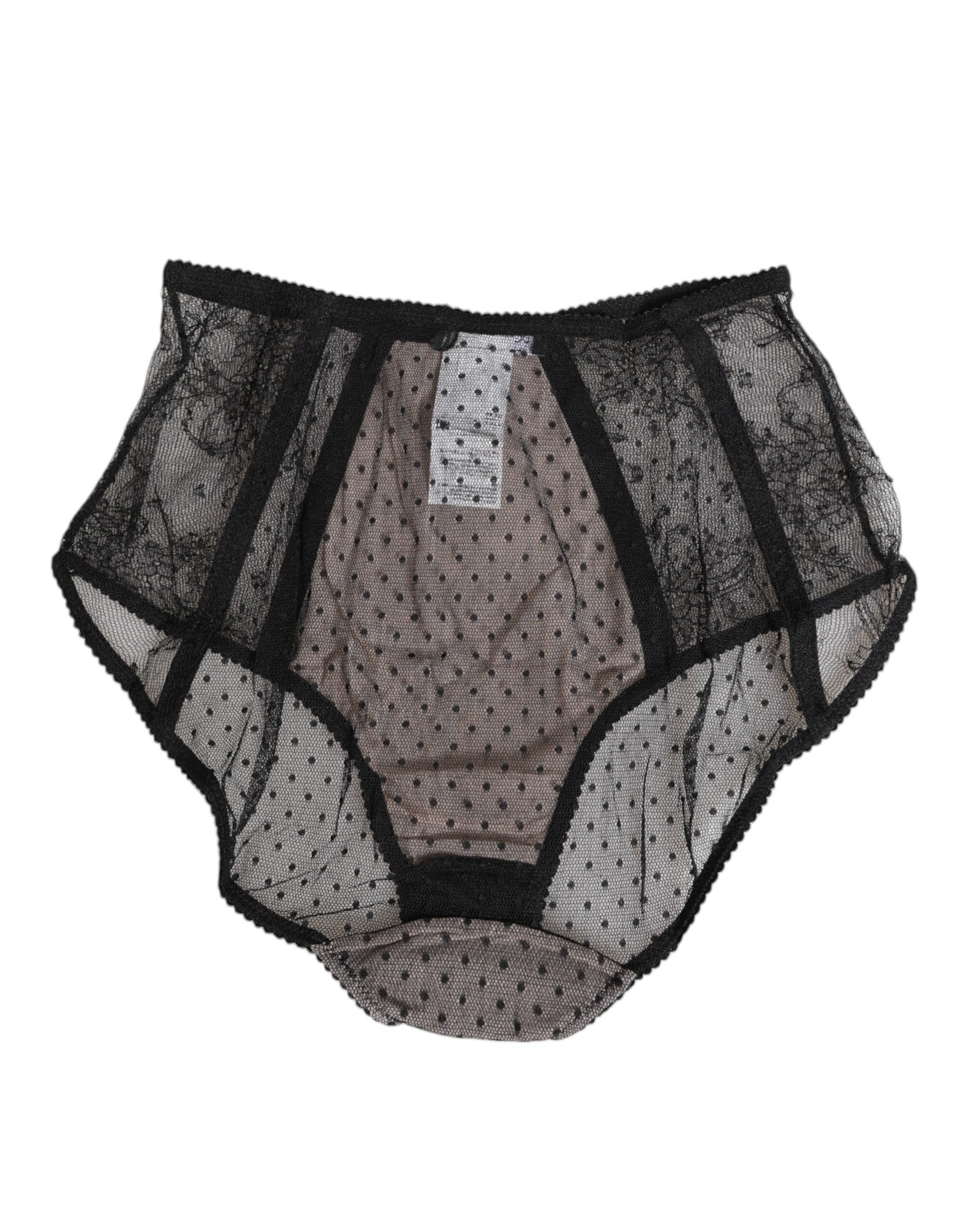 Black Sheer Polka Dot Lace High Waist Underwear - ventzia
