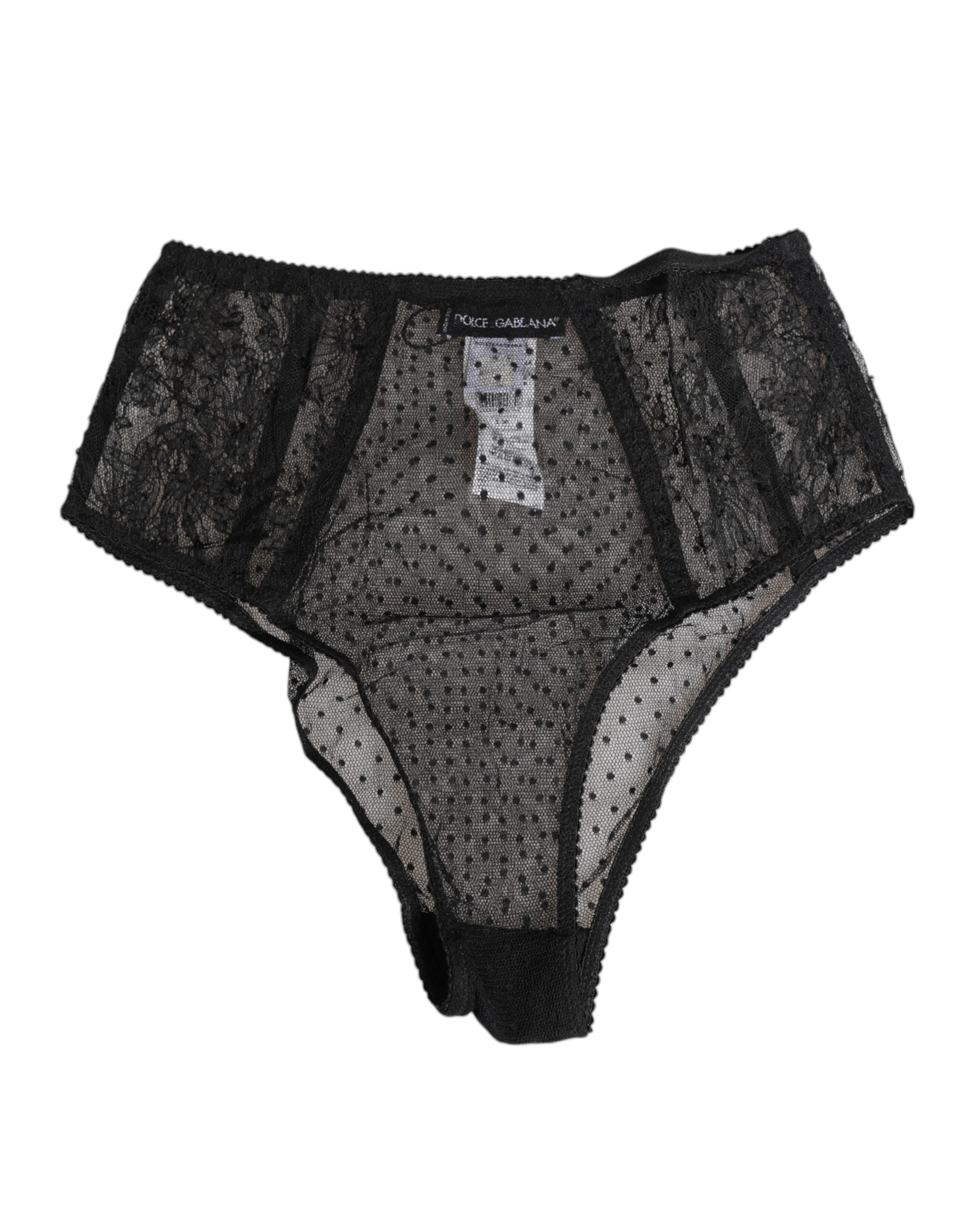 Black Lace Polka Dot Mesh High Waist Underwear - ventzia