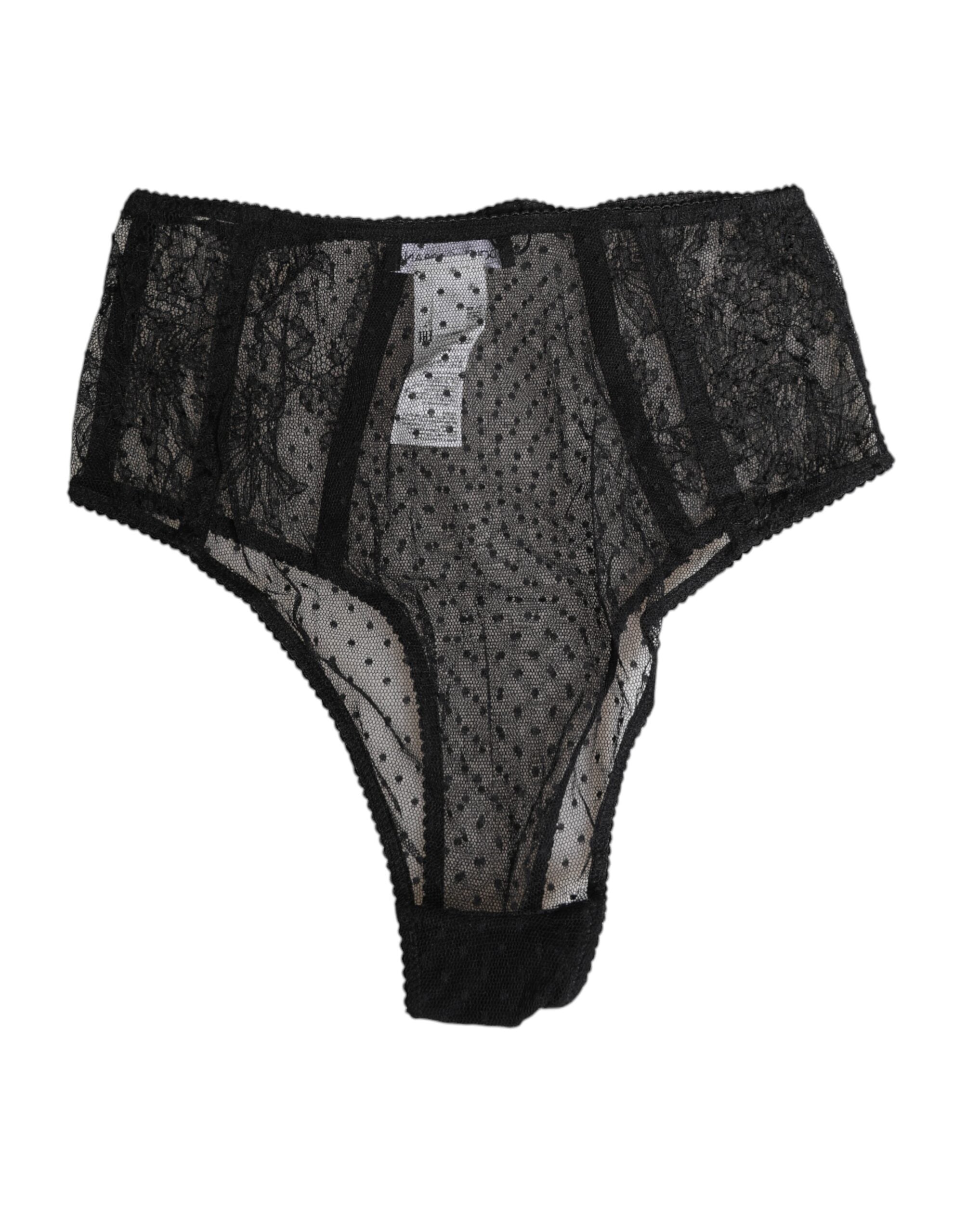 Black Lace Polka Dot Mesh High Waist Underwear - ventzia