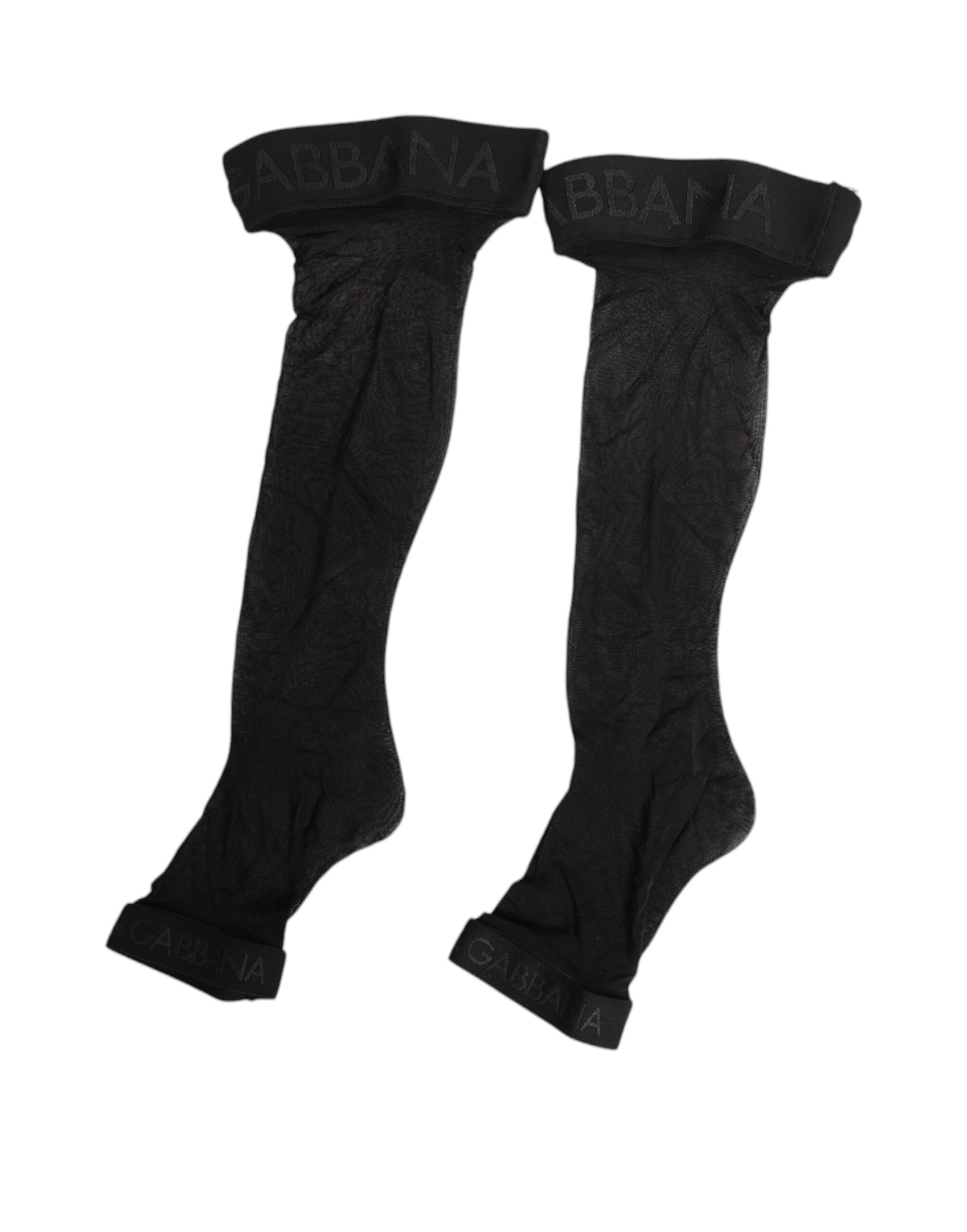 Black Sheer Nylon Logo Band Over-the-Knee Stocking Socks - ventzia