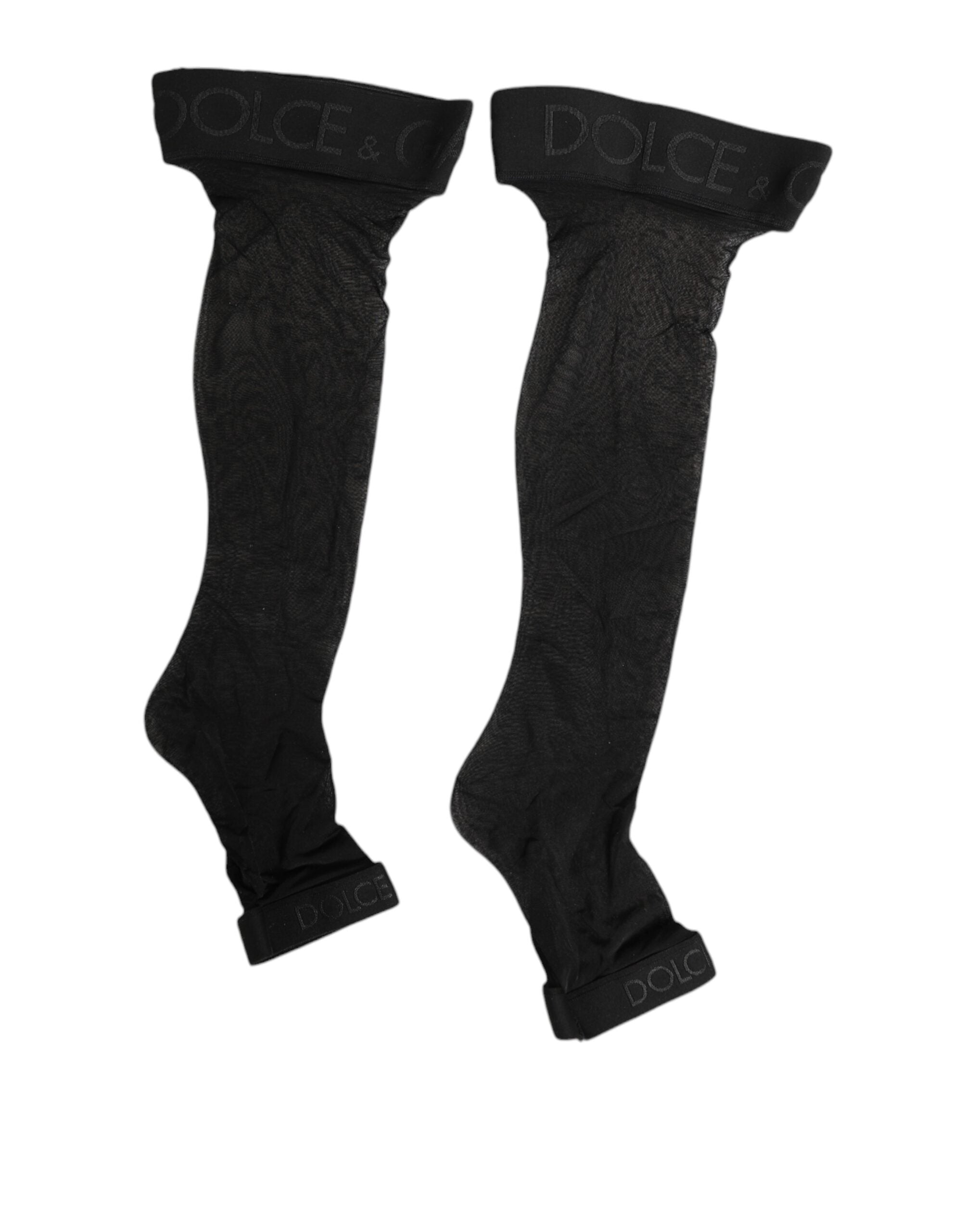 Black Sheer Nylon Logo Band Over-the-Knee Stocking Socks - ventzia