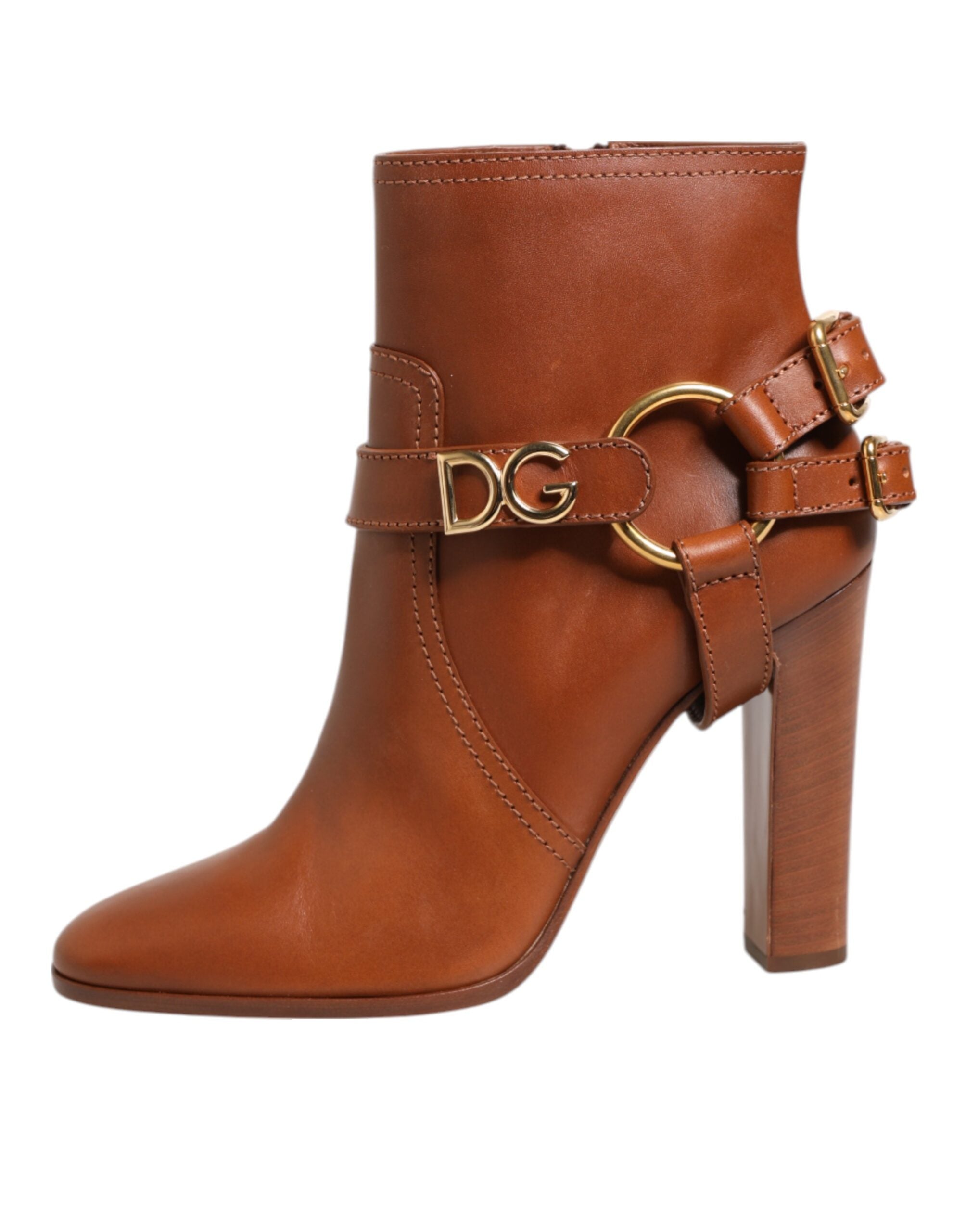 Brown Leather DG Logo Buckle Ankle Boots Shoes - ventzia