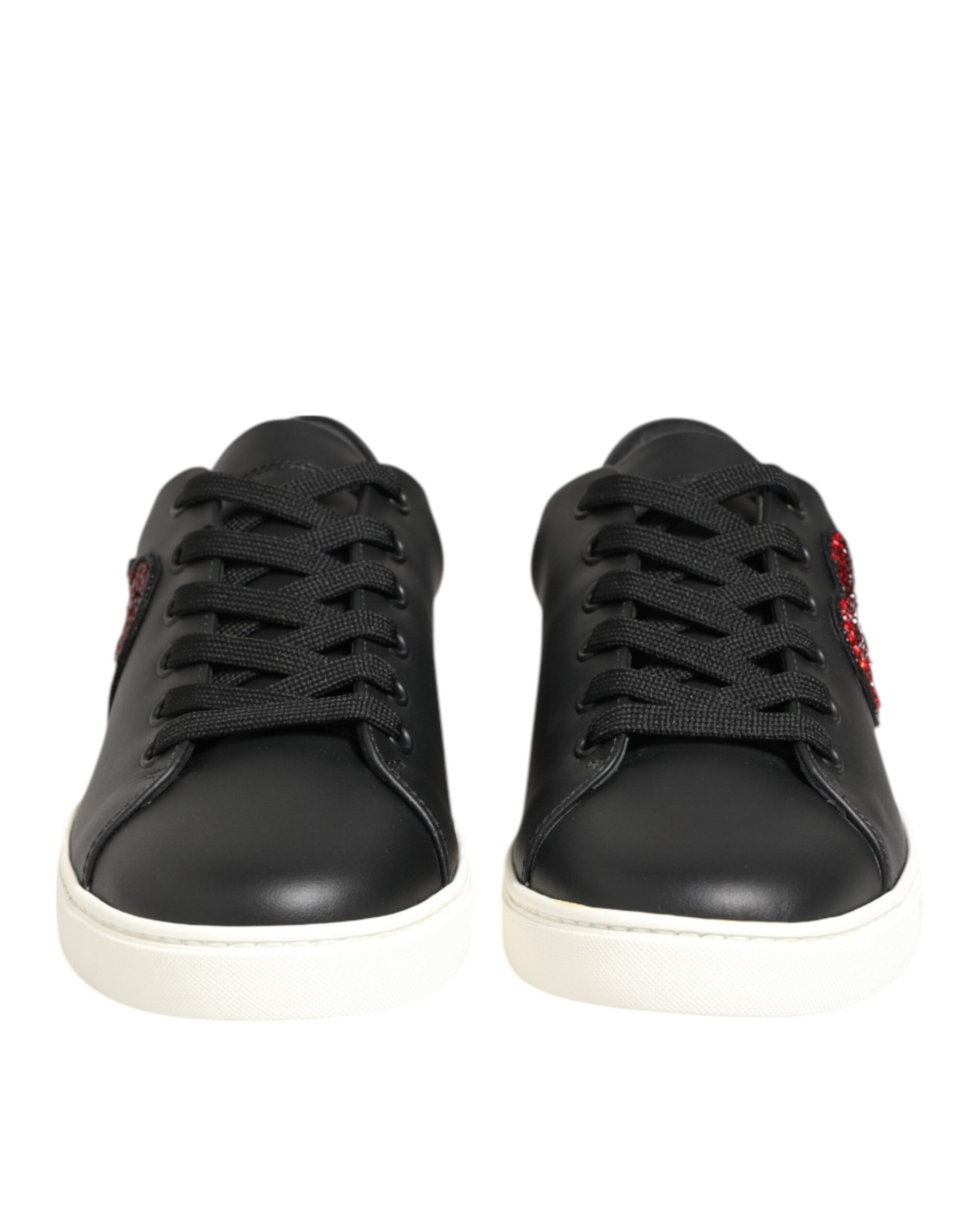 Black White Leather Crystal Heart Sneakers Shoes - ventzia