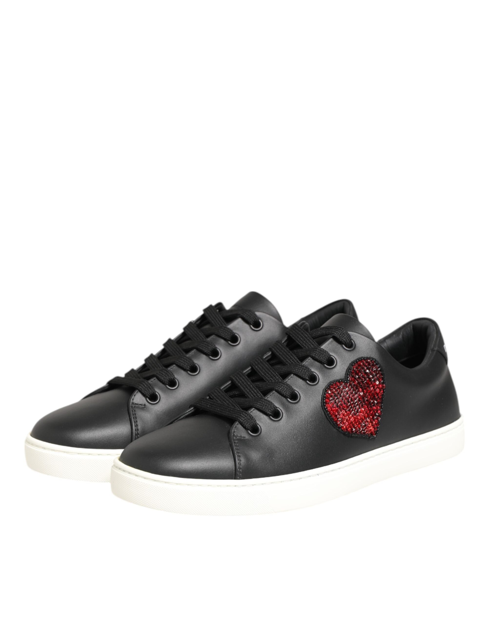 Black White Leather Crystal Heart Sneakers Shoes - ventzia