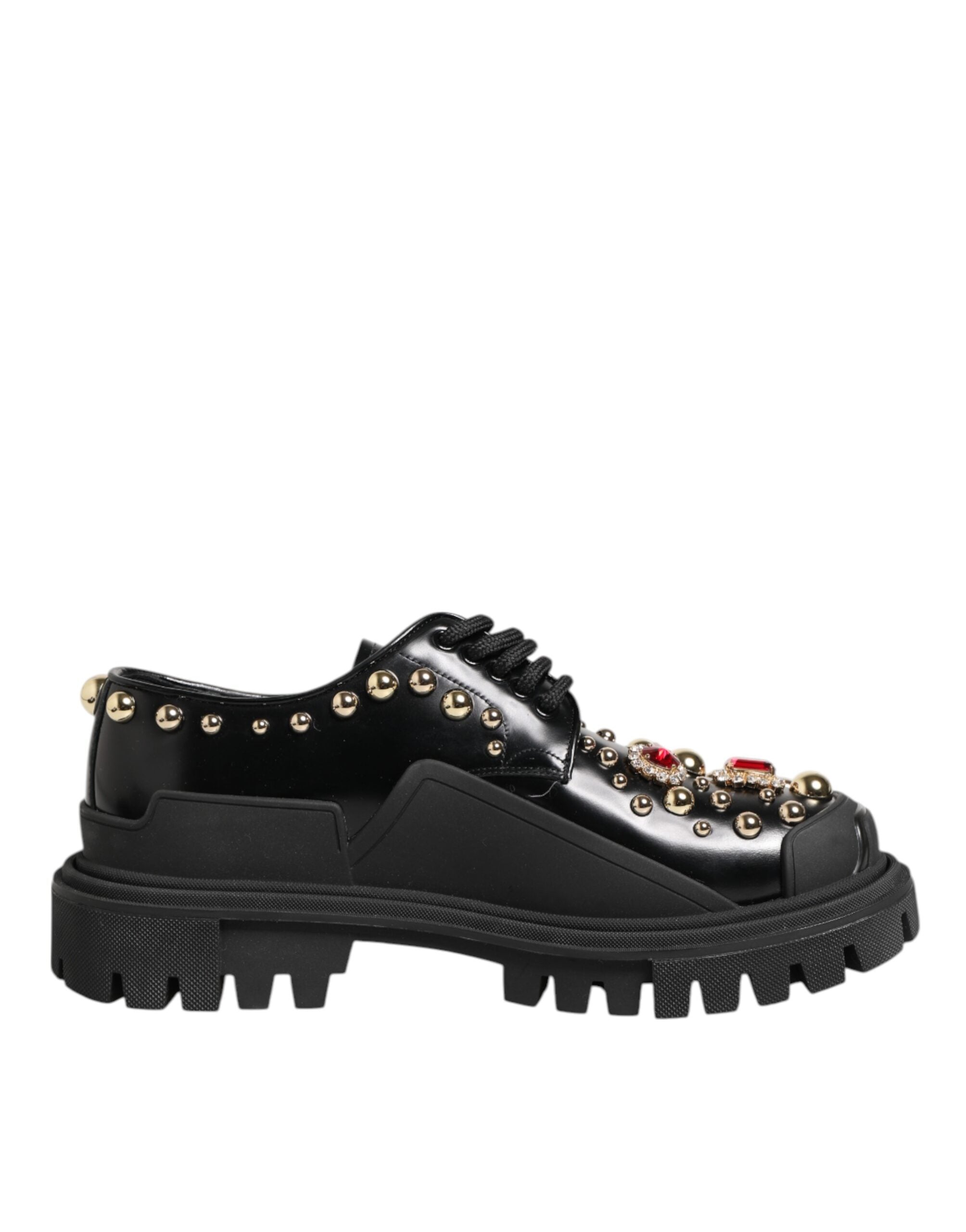 Black Leather Jeweled Crystals Derby Shoes - ventzia