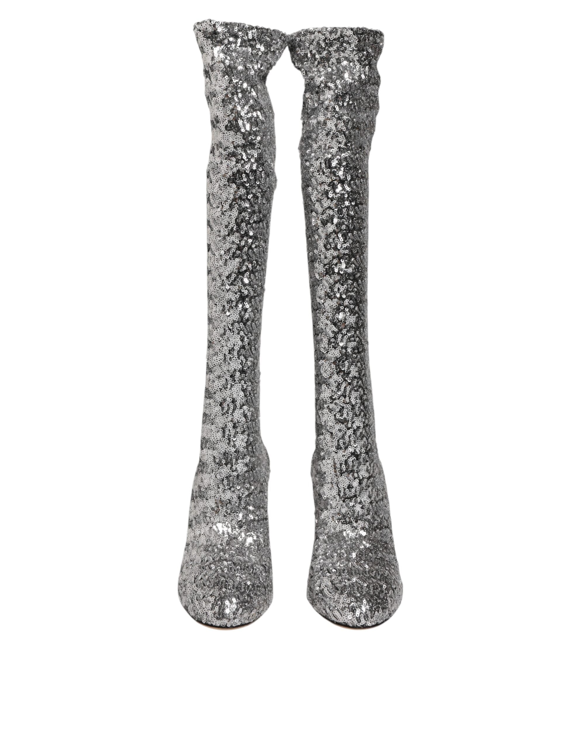Shoes Silver Sequins Glitter High Heel Boot Shoes - ventzia