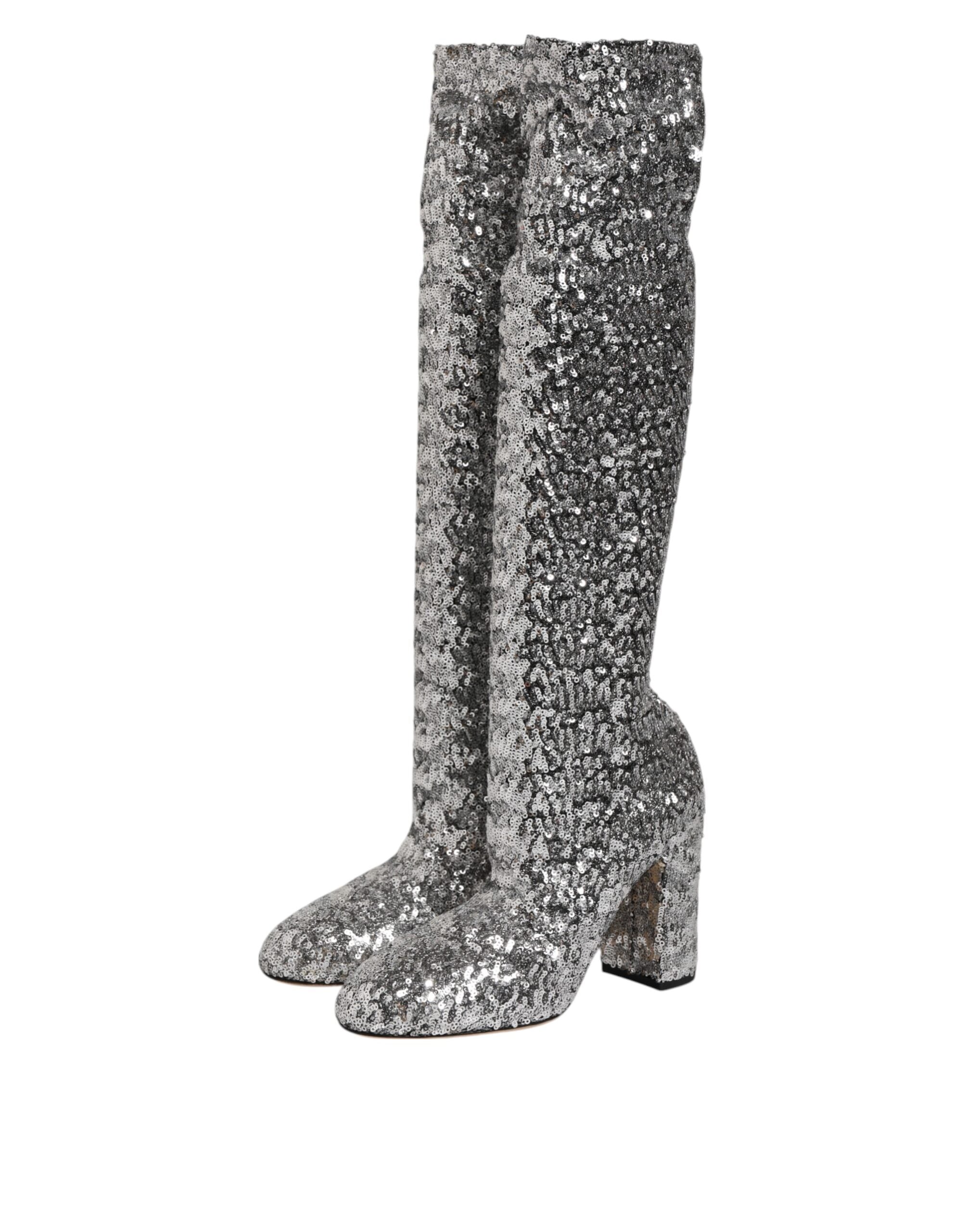 Shoes Silver Sequins Glitter High Heel Boot Shoes - ventzia