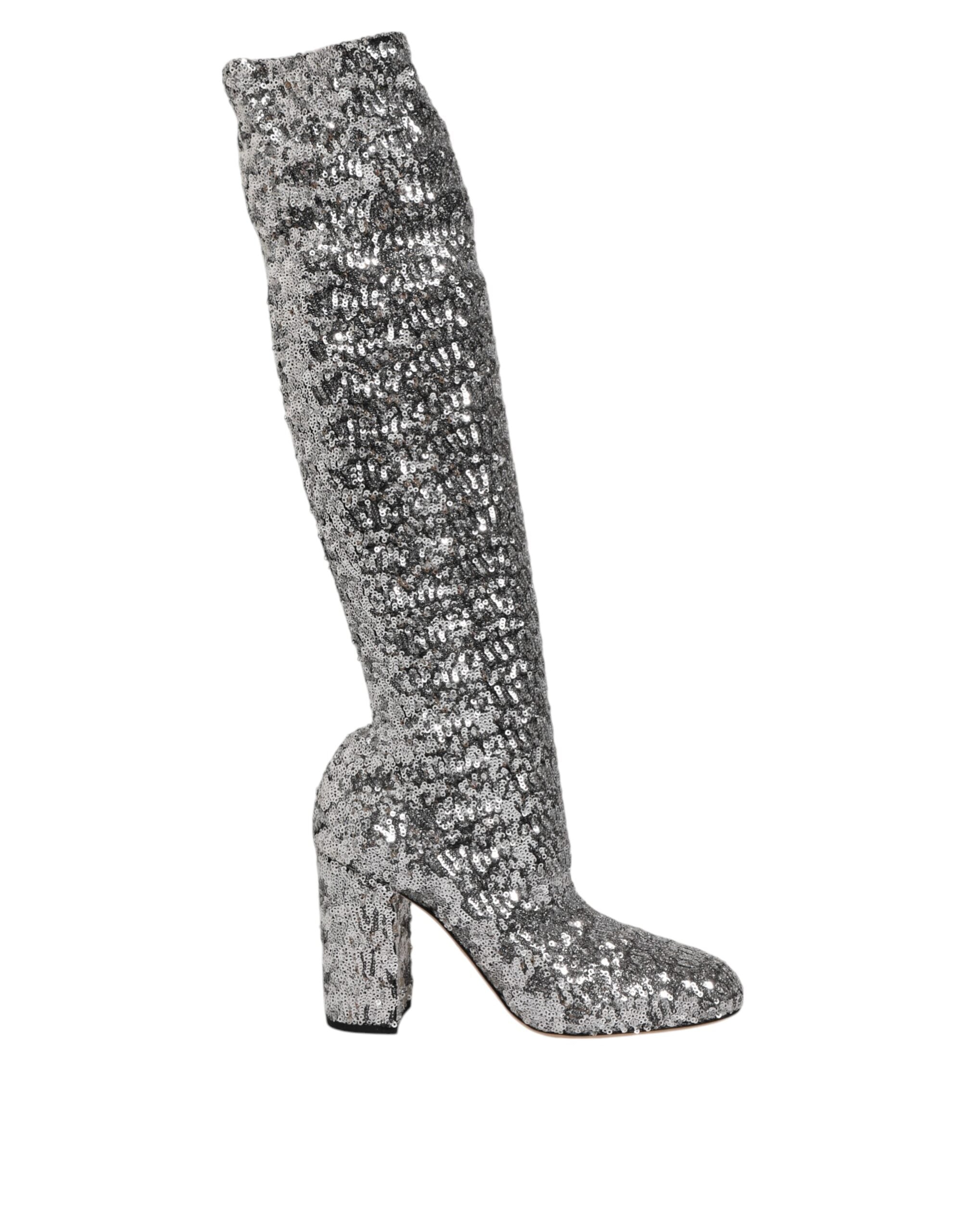 Shoes Silver Sequins Glitter High Heel Boot Shoes - ventzia
