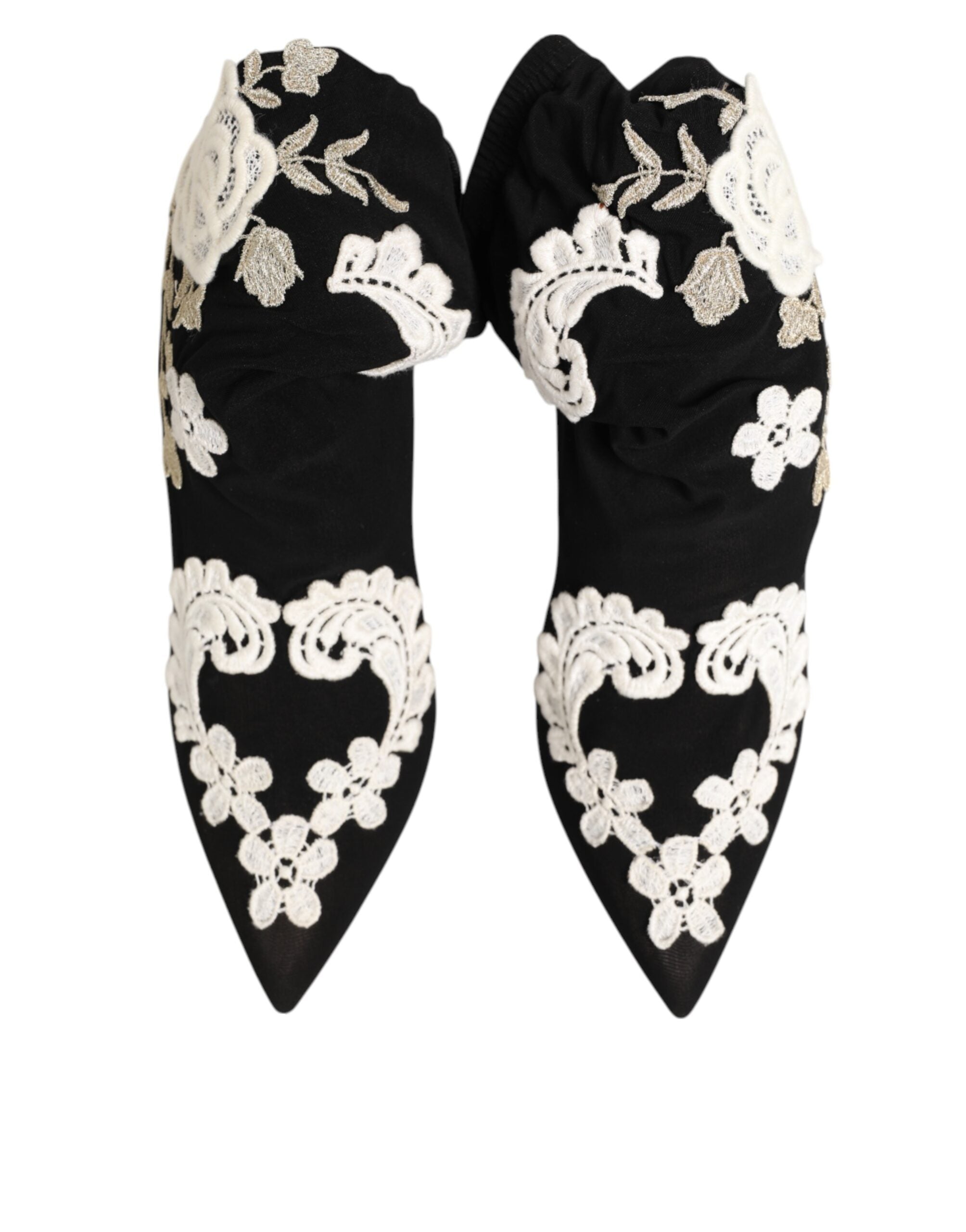 Black White Embroidered Jersey Stiletto Boots Shoes - ventzia