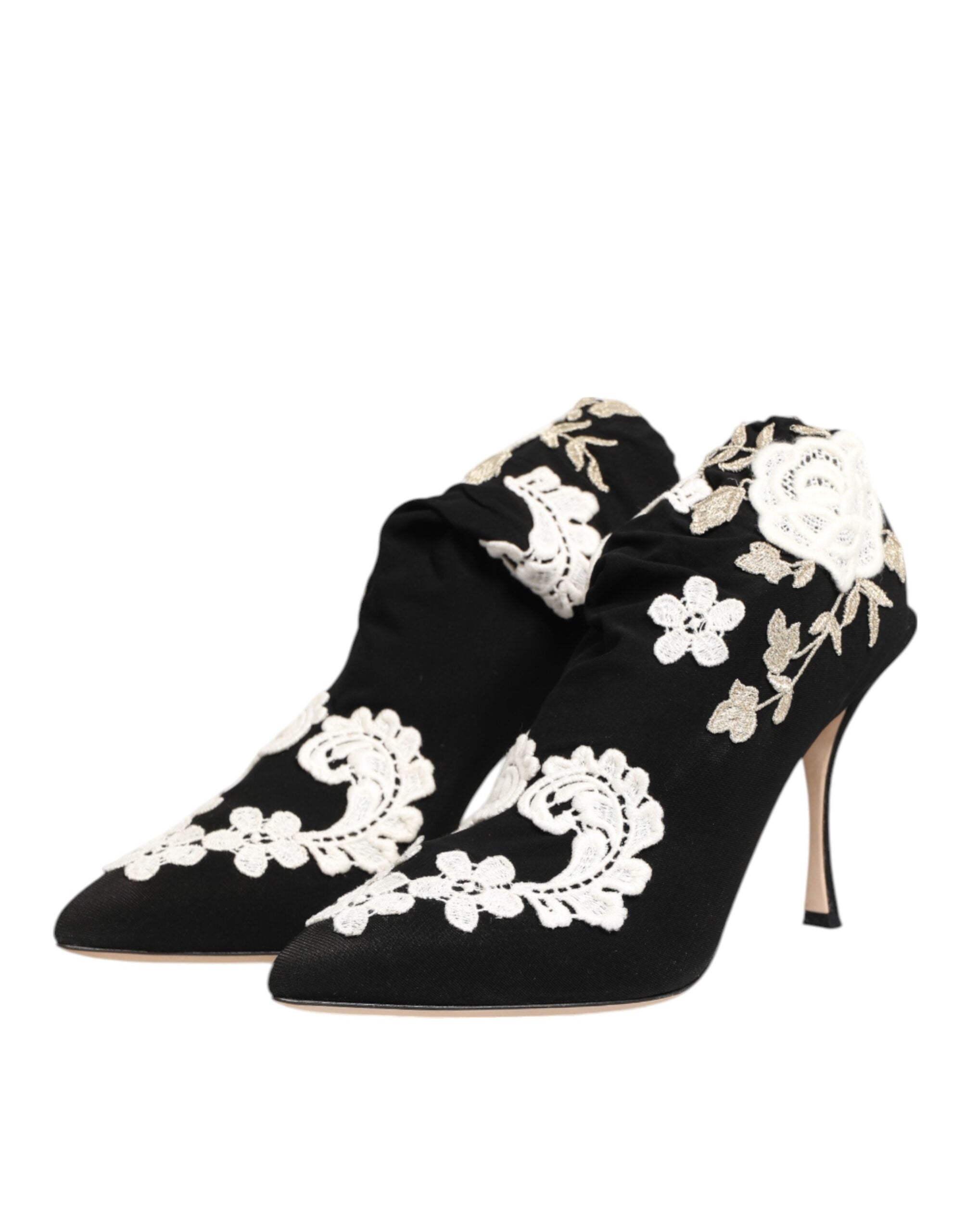 Black White Embroidered Jersey Stiletto Boots Shoes - ventzia
