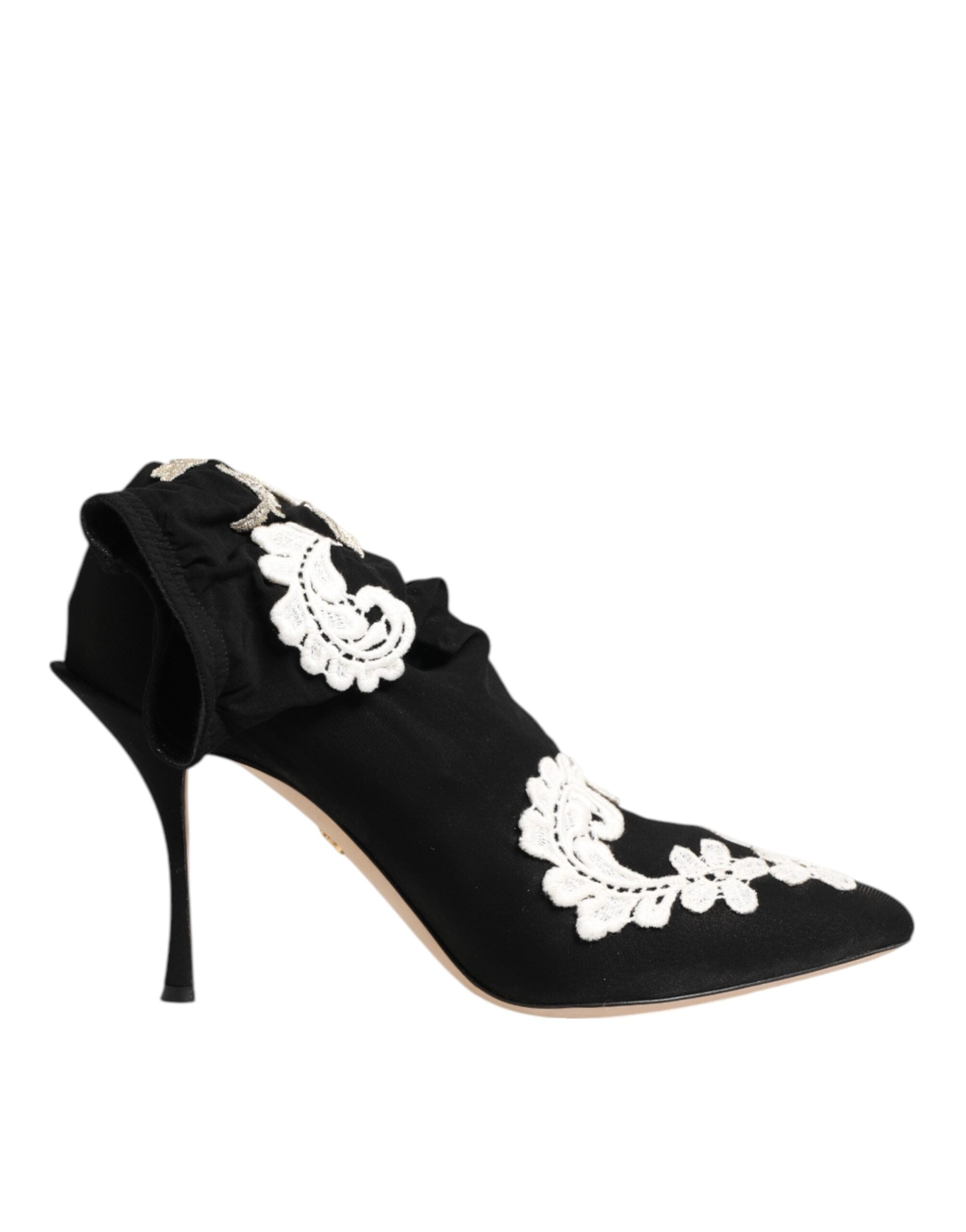 Black White Embroidered Jersey Stiletto Boots Shoes - ventzia