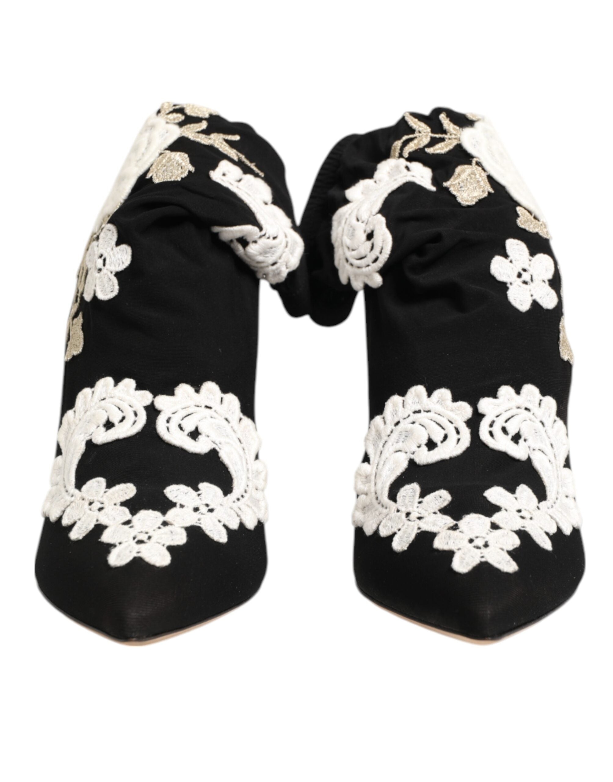 Black White Embroidered Jersey Stiletto Boots Shoes - ventzia