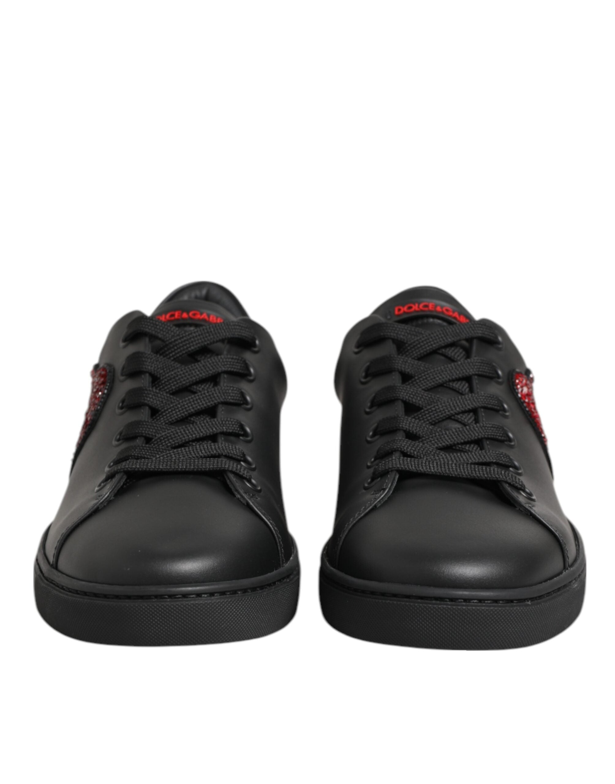 Black Leather Crystal Heart Low Top Sneakers  Shoes - ventzia