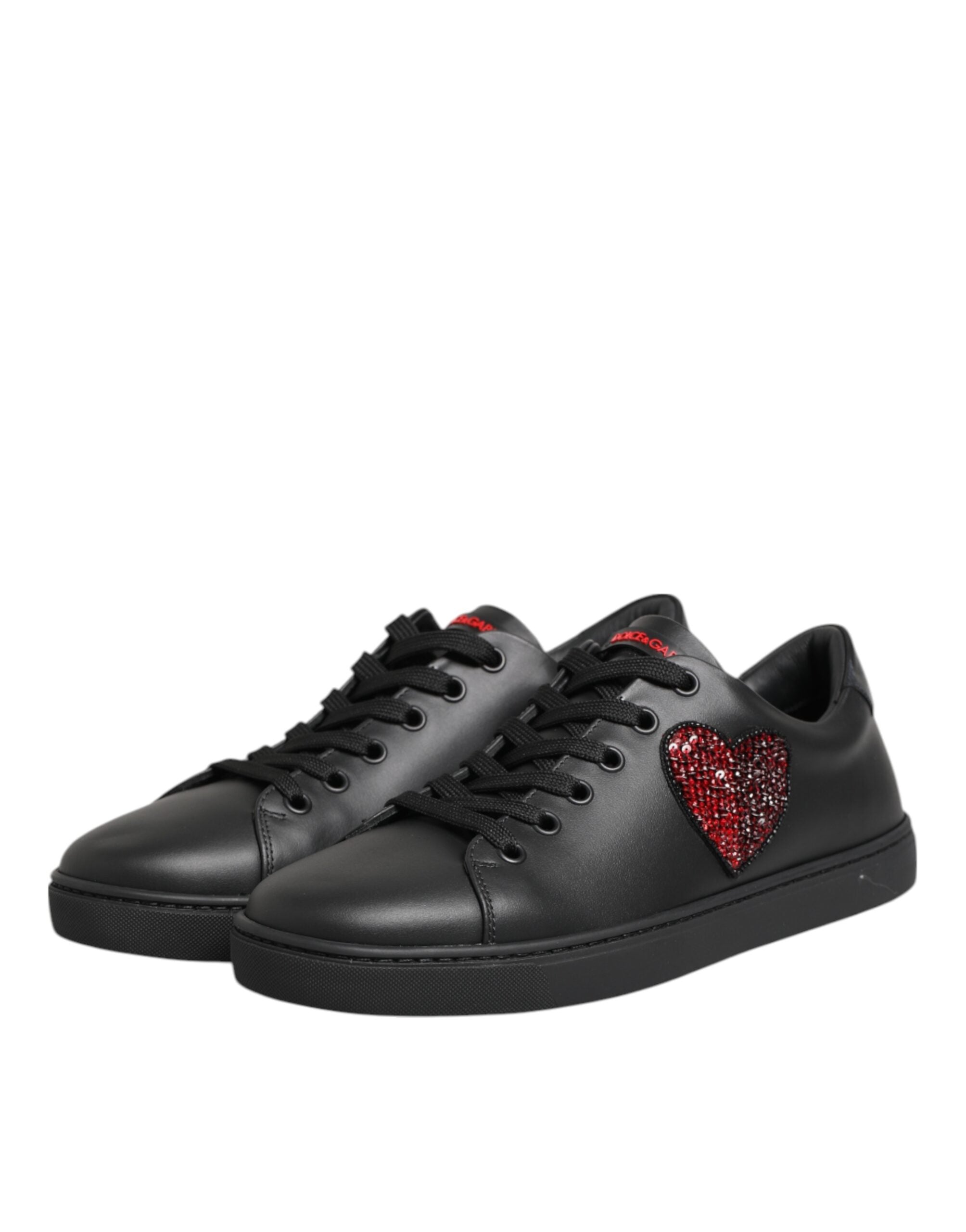Black Leather Crystal Heart Low Top Sneakers  Shoes - ventzia