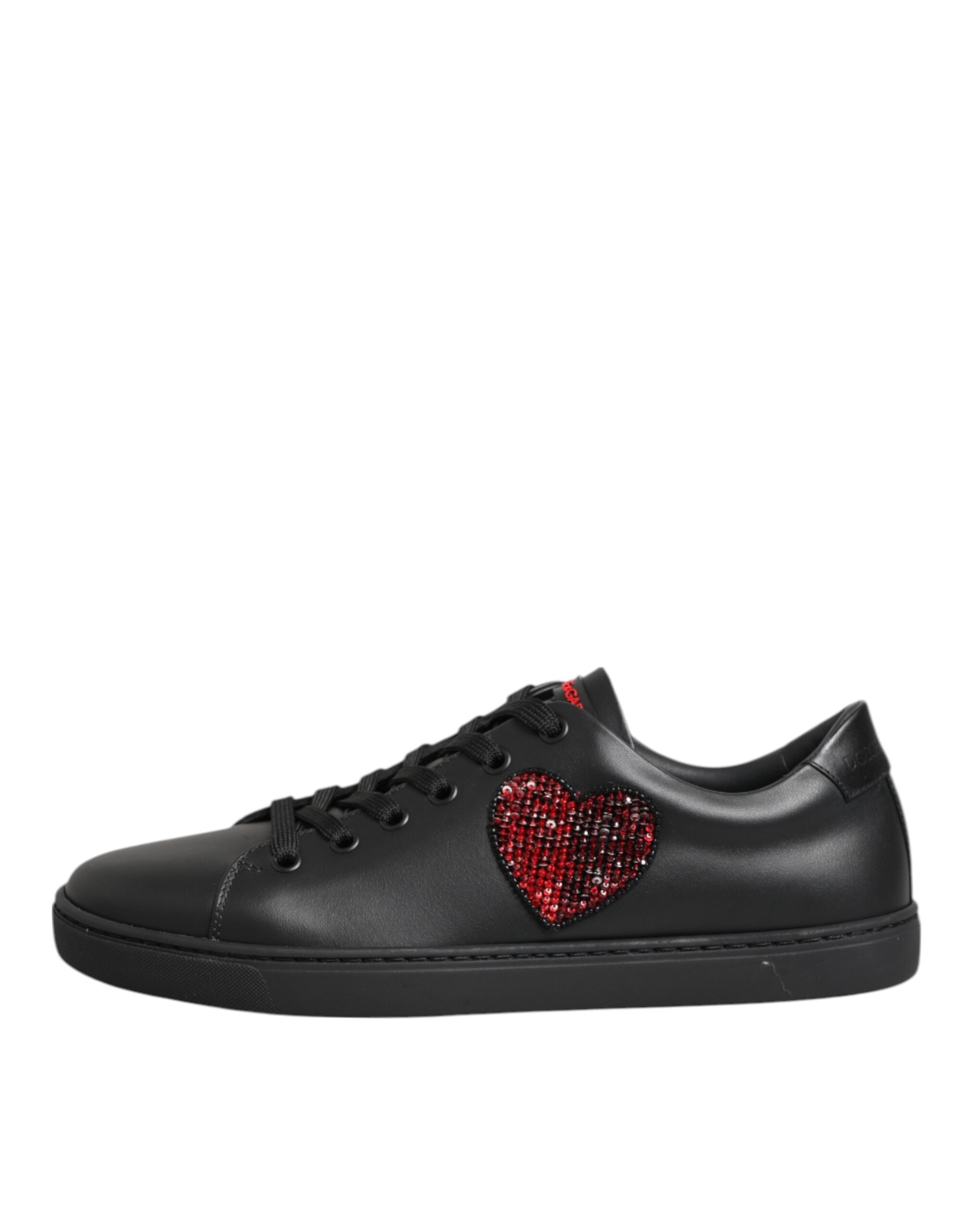 Black Leather Crystal Heart Low Top Sneakers  Shoes - ventzia