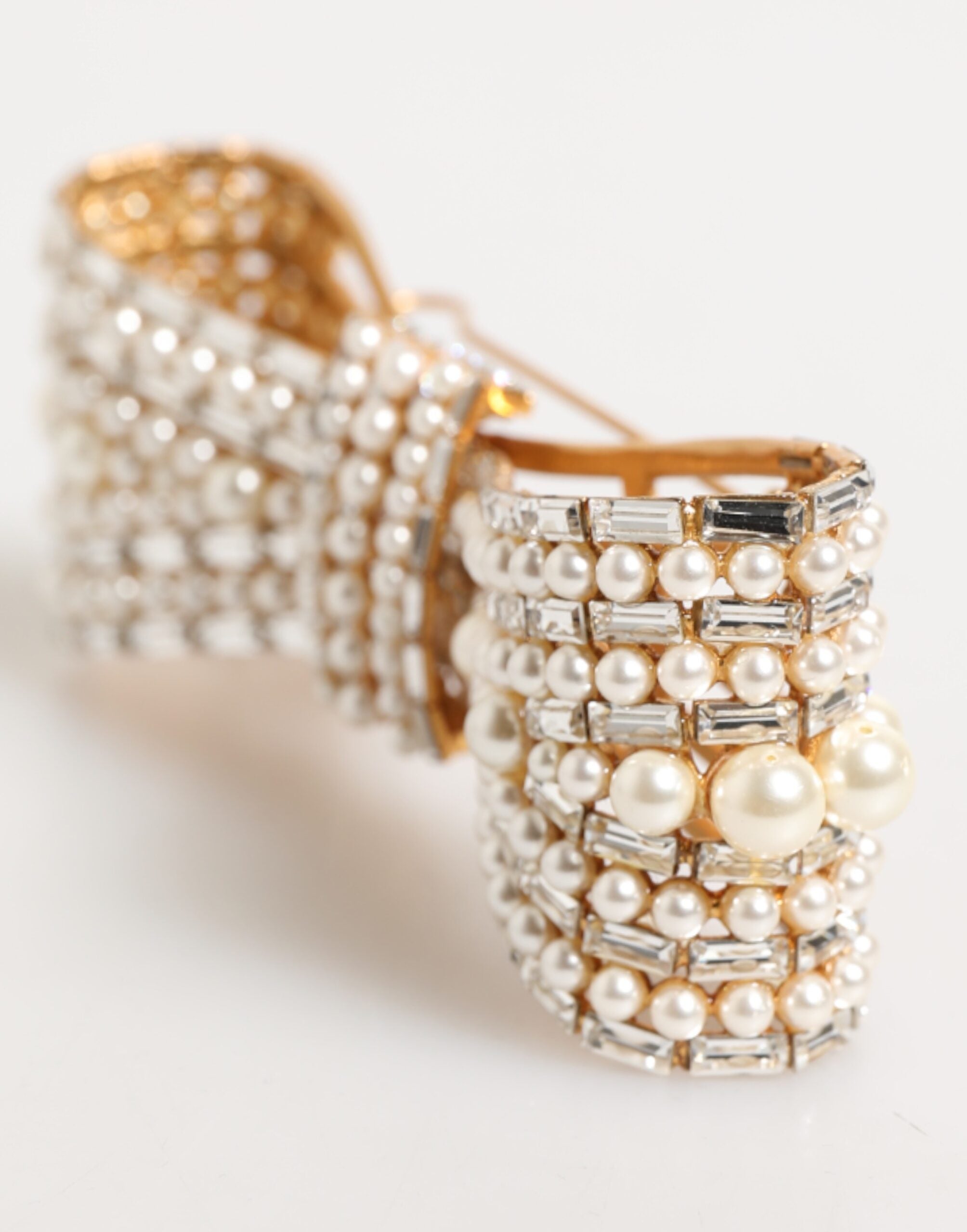 Gold Brass Glas Crystal Faux Pearl Embellished Brooch - ventzia