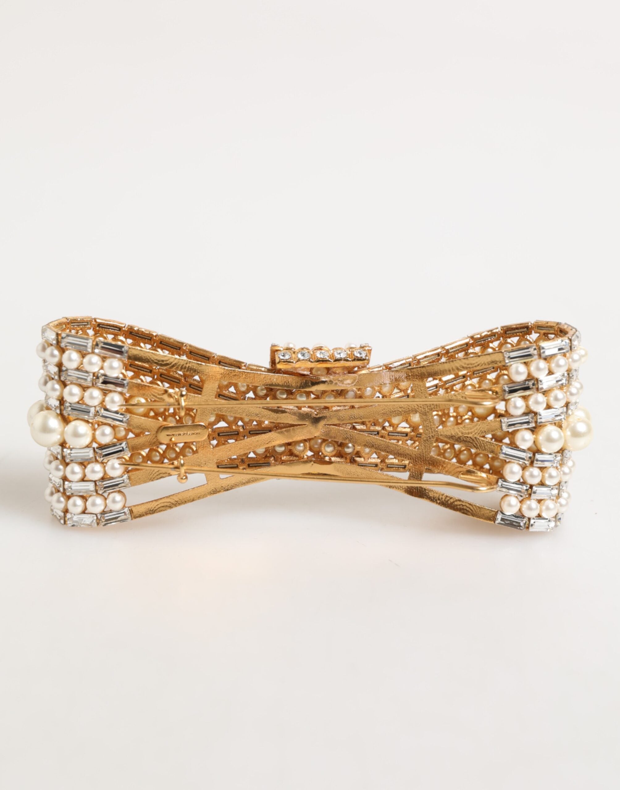 Gold Brass Glas Crystal Faux Pearl Embellished Brooch - ventzia