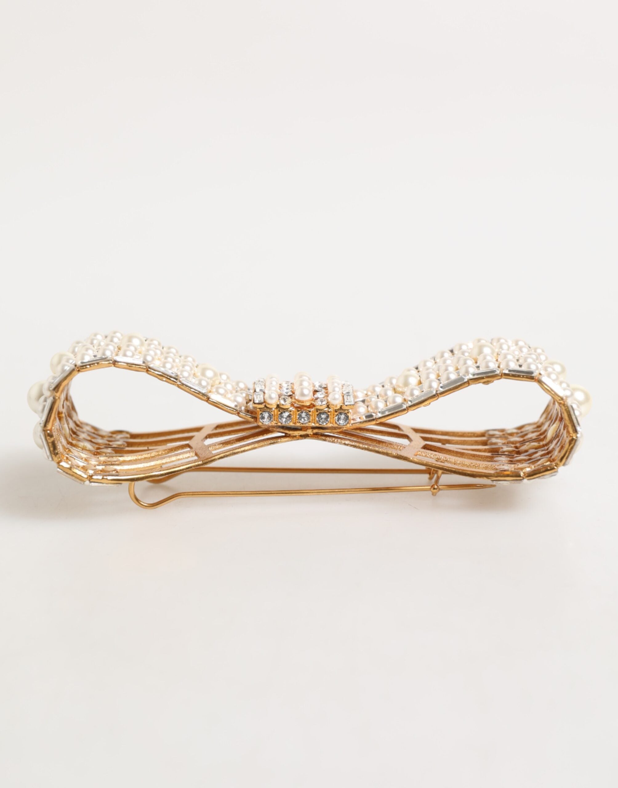 Gold Brass Glas Crystal Faux Pearl Embellished Brooch - ventzia