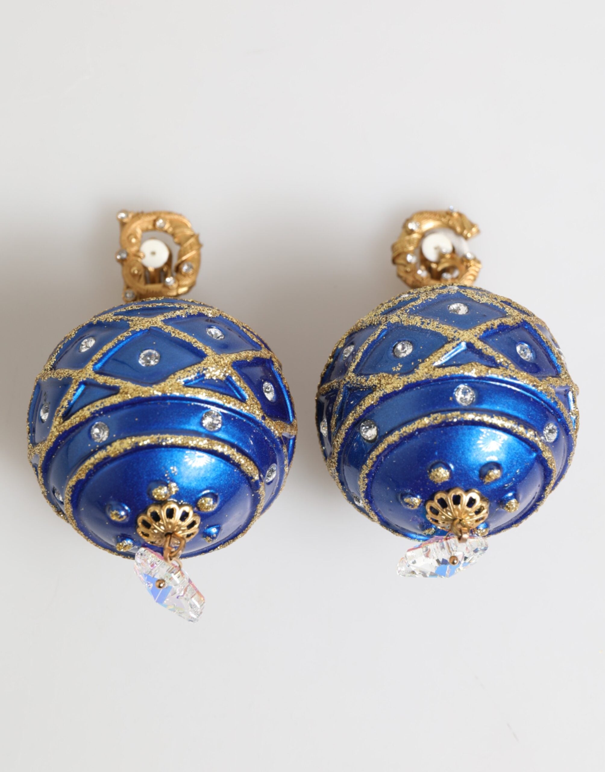 Gold Brass Blue Christmas Ball Crystal Drop Clip On Earrings - ventzia