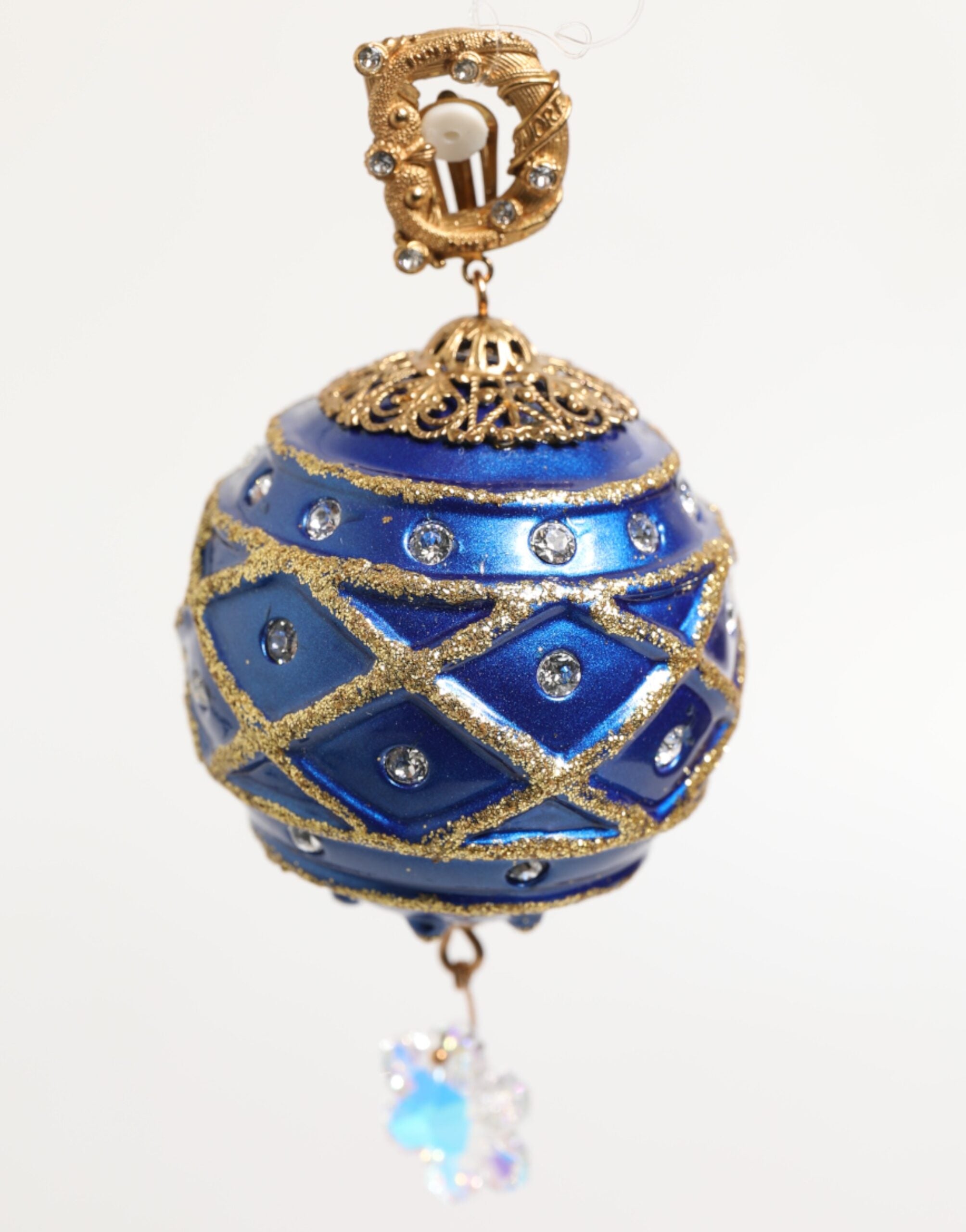 Gold Brass Blue Christmas Ball Crystal Drop Clip On Earrings - ventzia