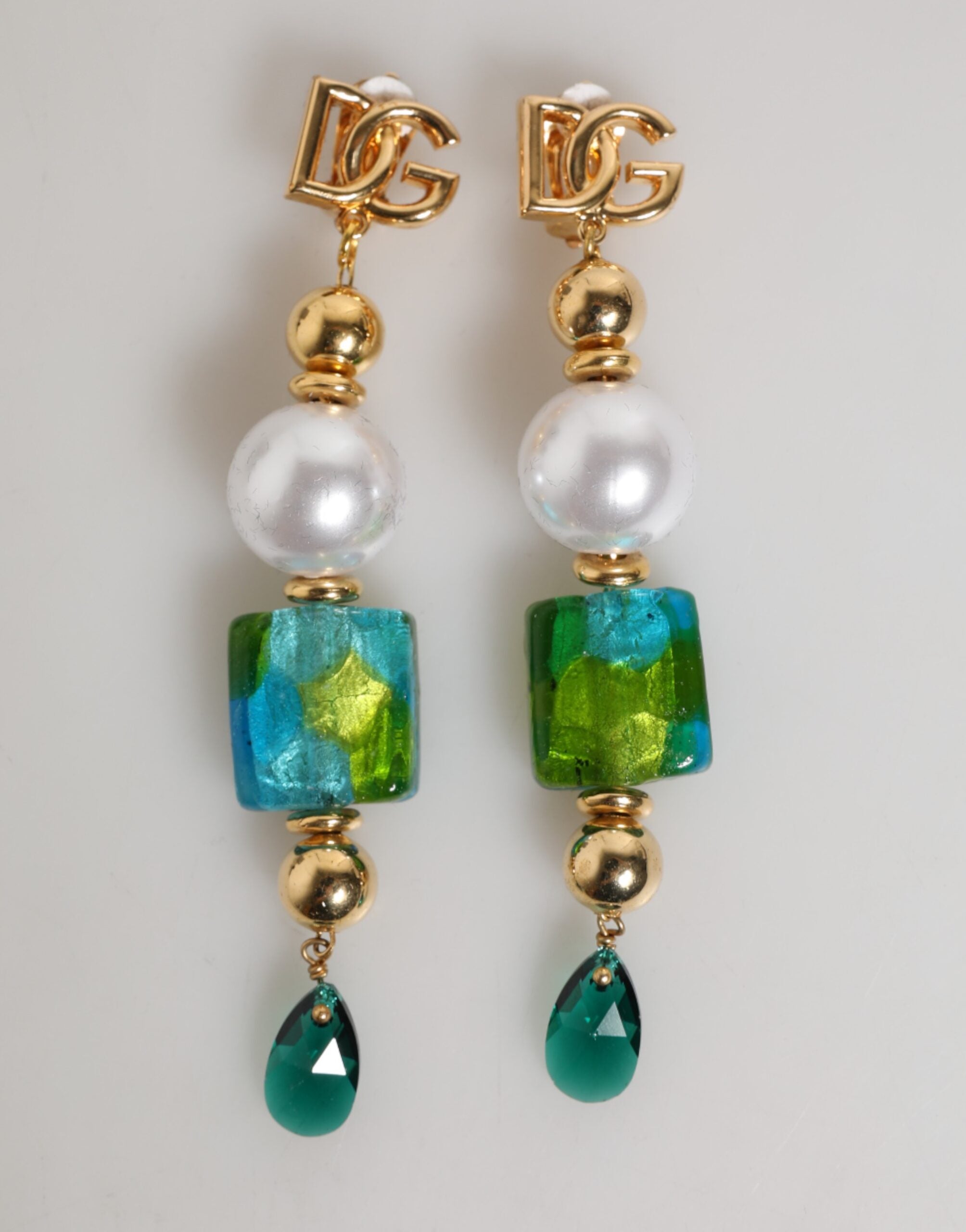 Gold Brass Multicolour Pearl Green Blue Drop Logo DG Earrings - ventzia