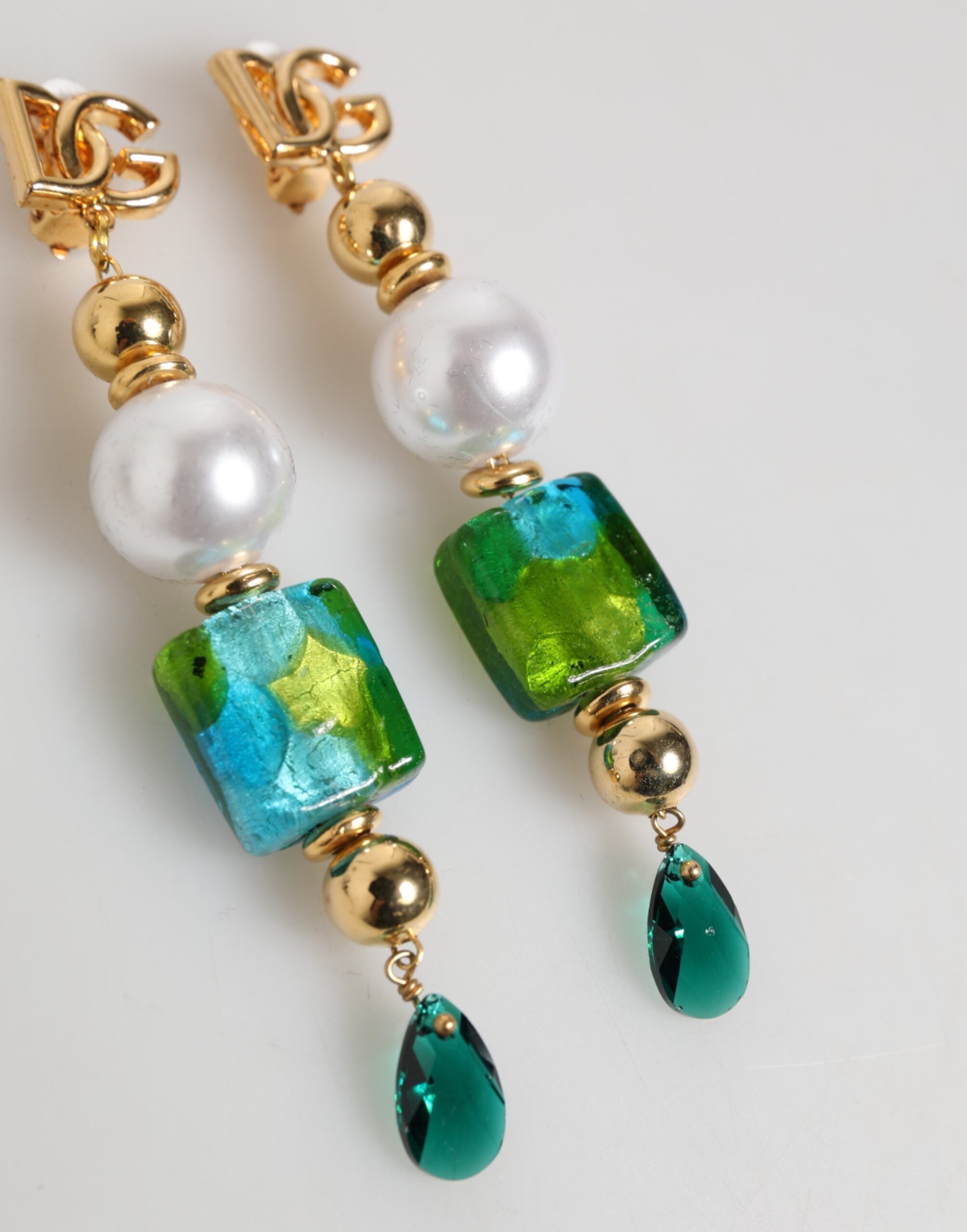 Gold Brass Multicolour Pearl Green Blue Drop Logo DG Earrings - ventzia