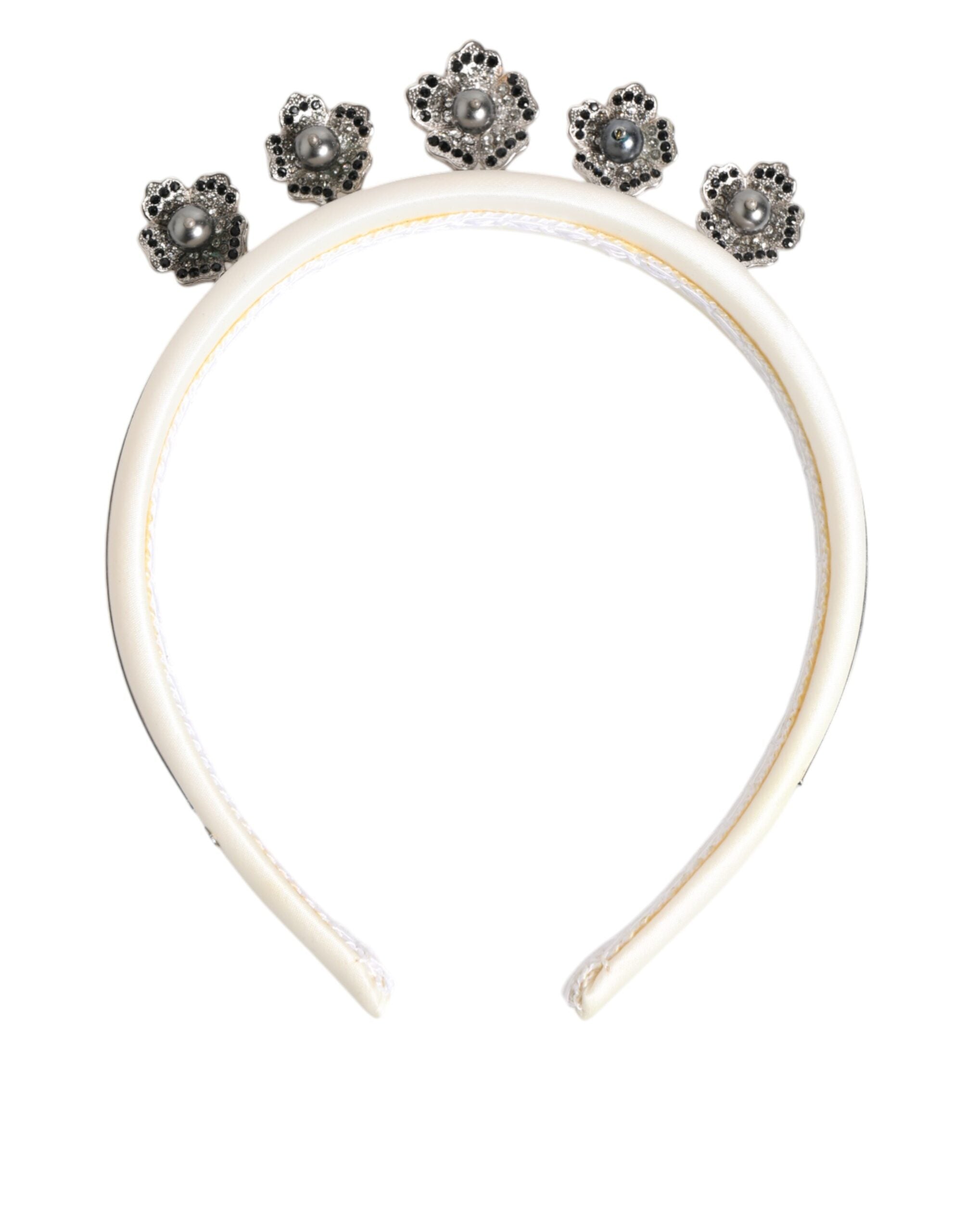 White Satin Palladium Silver Floral Crown Tiara Headband - ventzia