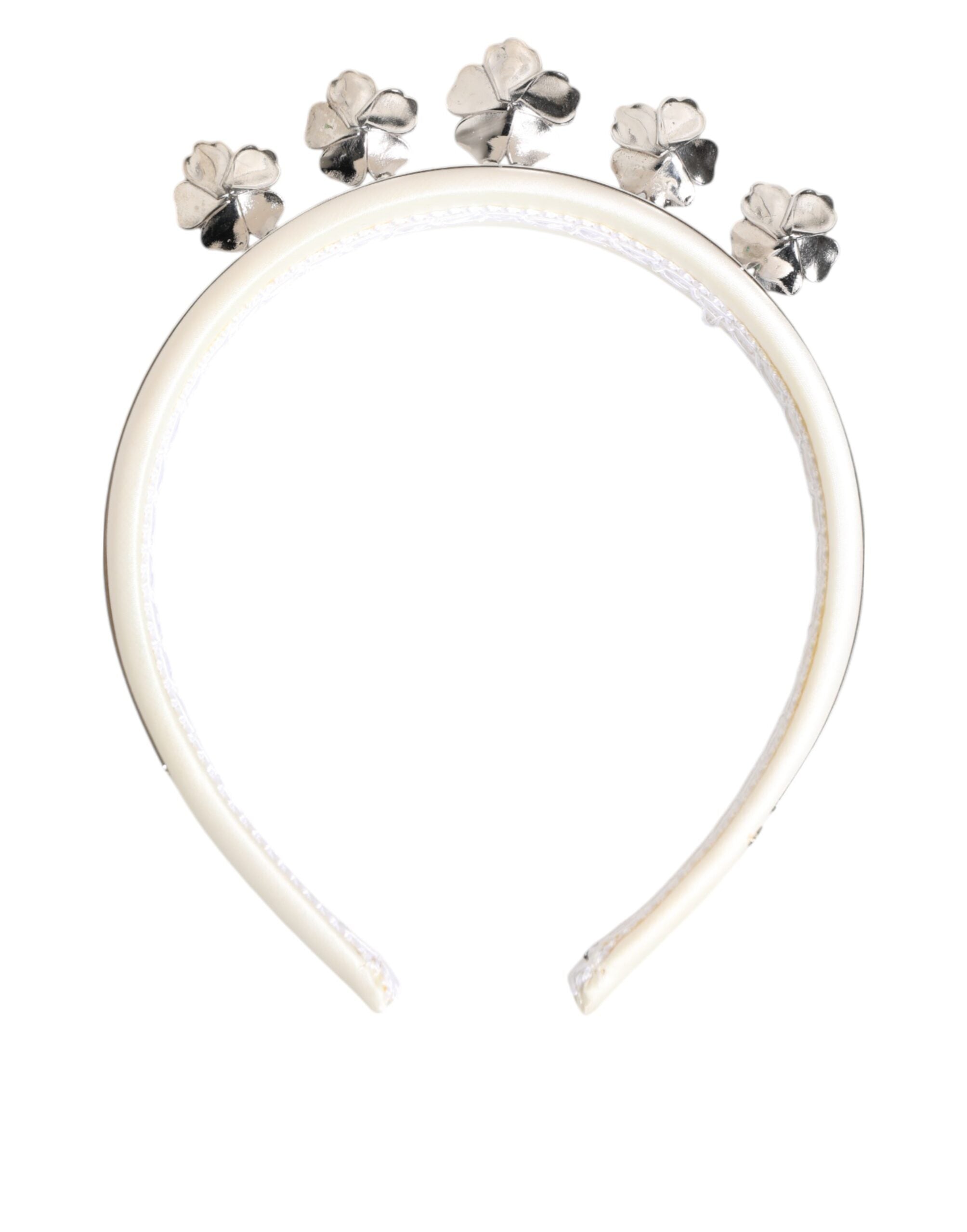White Satin Palladium Silver Floral Crown Tiara Headband - ventzia