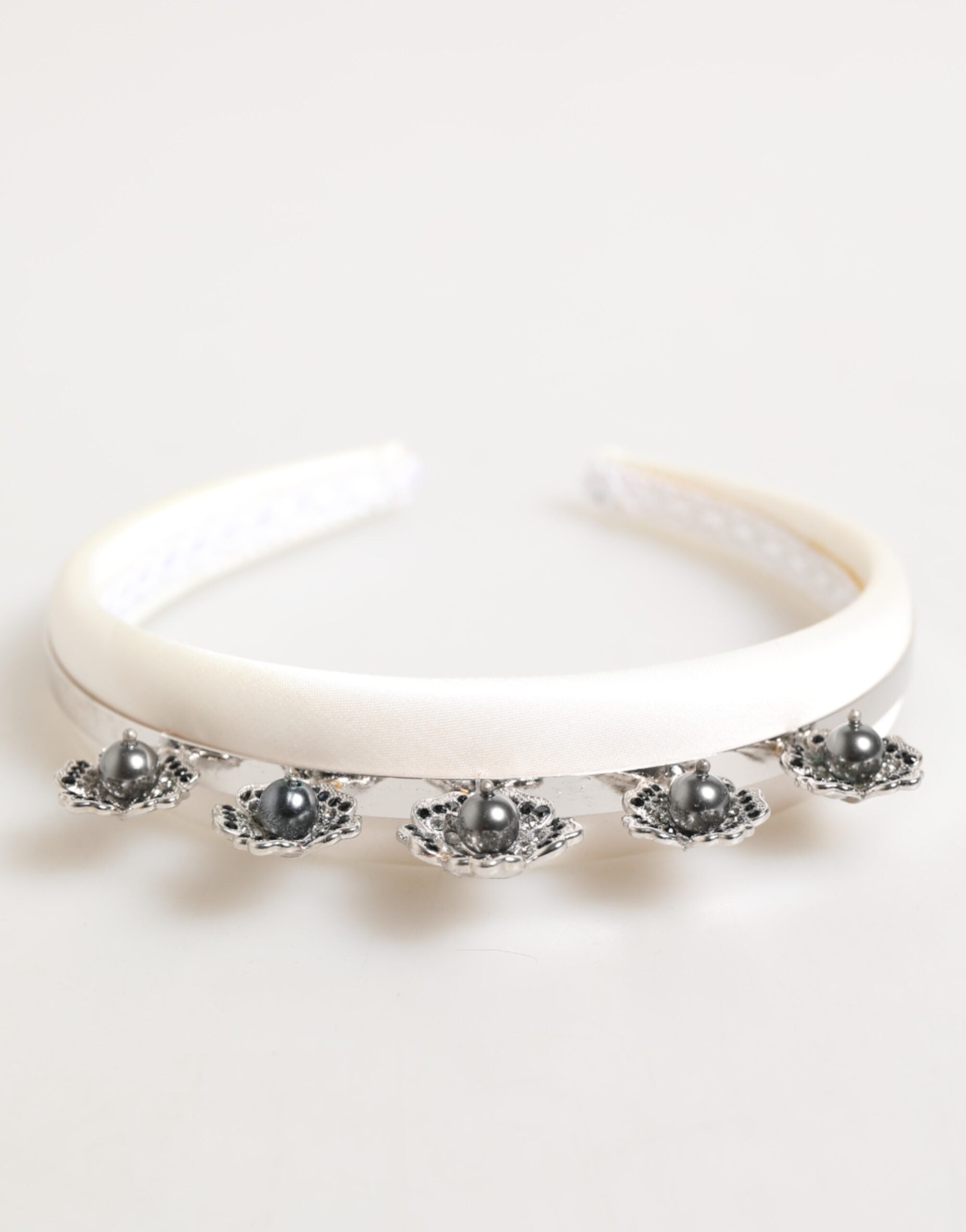 White Satin Palladium Silver Floral Crown Tiara Headband - ventzia