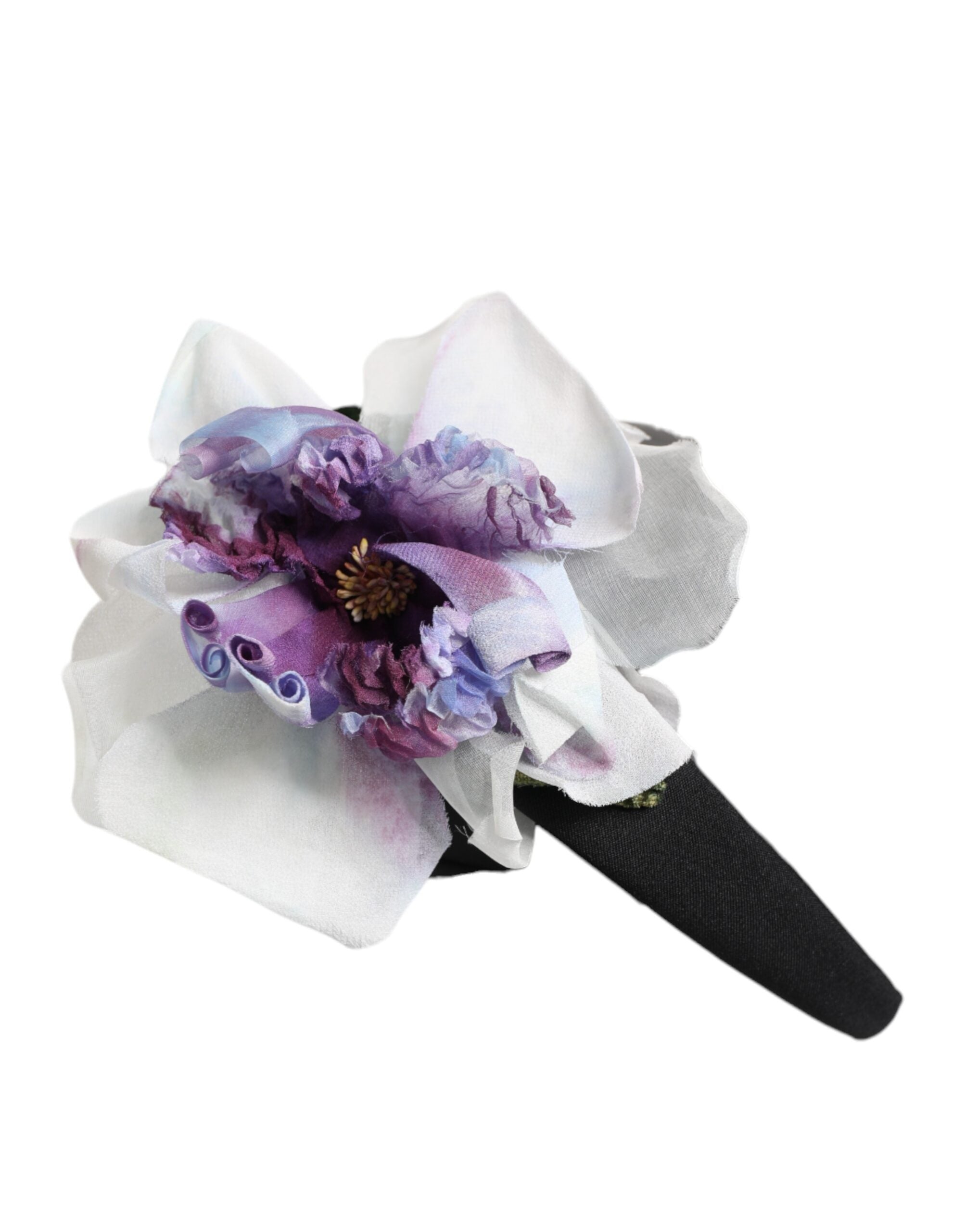 Black Green Silk Purple White Floral Appliqué Accessory Headband - ventzia