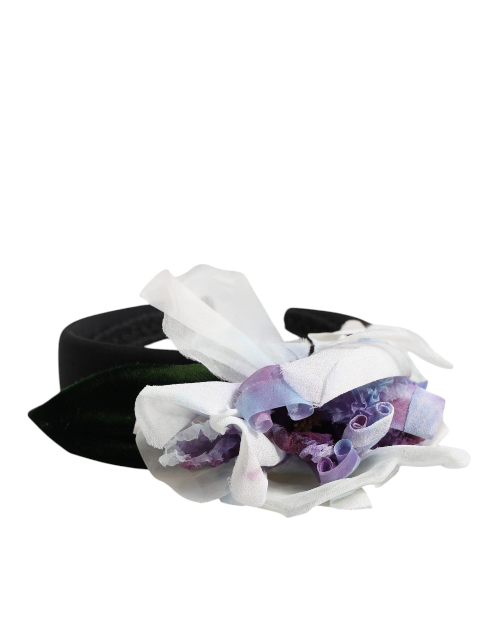Black Green Silk Purple White Floral Appliqué Accessory Headband - ventzia